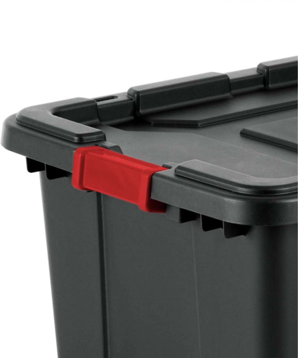 imageSterilite 4Pack Industrial Tote Plastic Storage Bins with Lids 27 Gallon Black HeavyDuty Organizing Containers for Closet Bathroom and Office27 Gallon