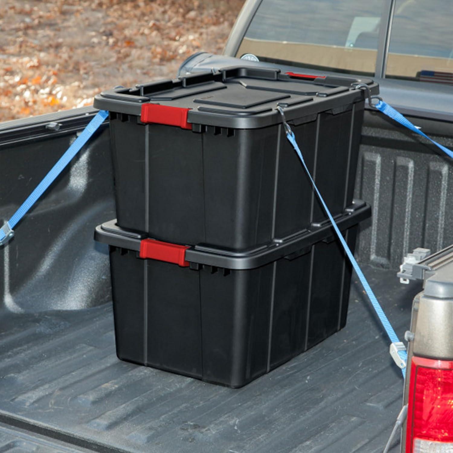 imageSterilite 4Pack Industrial Tote Plastic Storage Bins with Lids 27 Gallon Black HeavyDuty Organizing Containers for Closet Bathroom and Office27 Gallon