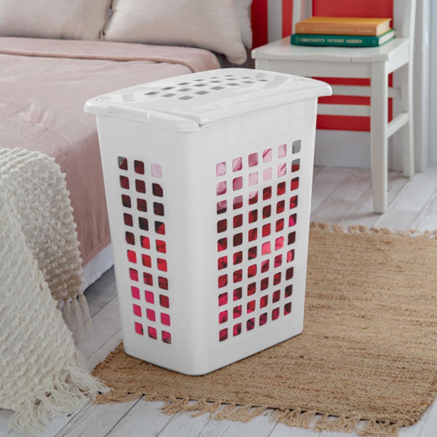 imageSterilite 4Pack LiftTop Laundry Hamper for Clothes Tall and Rectangular Plastic Basket with Lid White Large and Portable Storage Bin for Clothing and Towels Ideal for Bathroom and Bedroom8 Pack