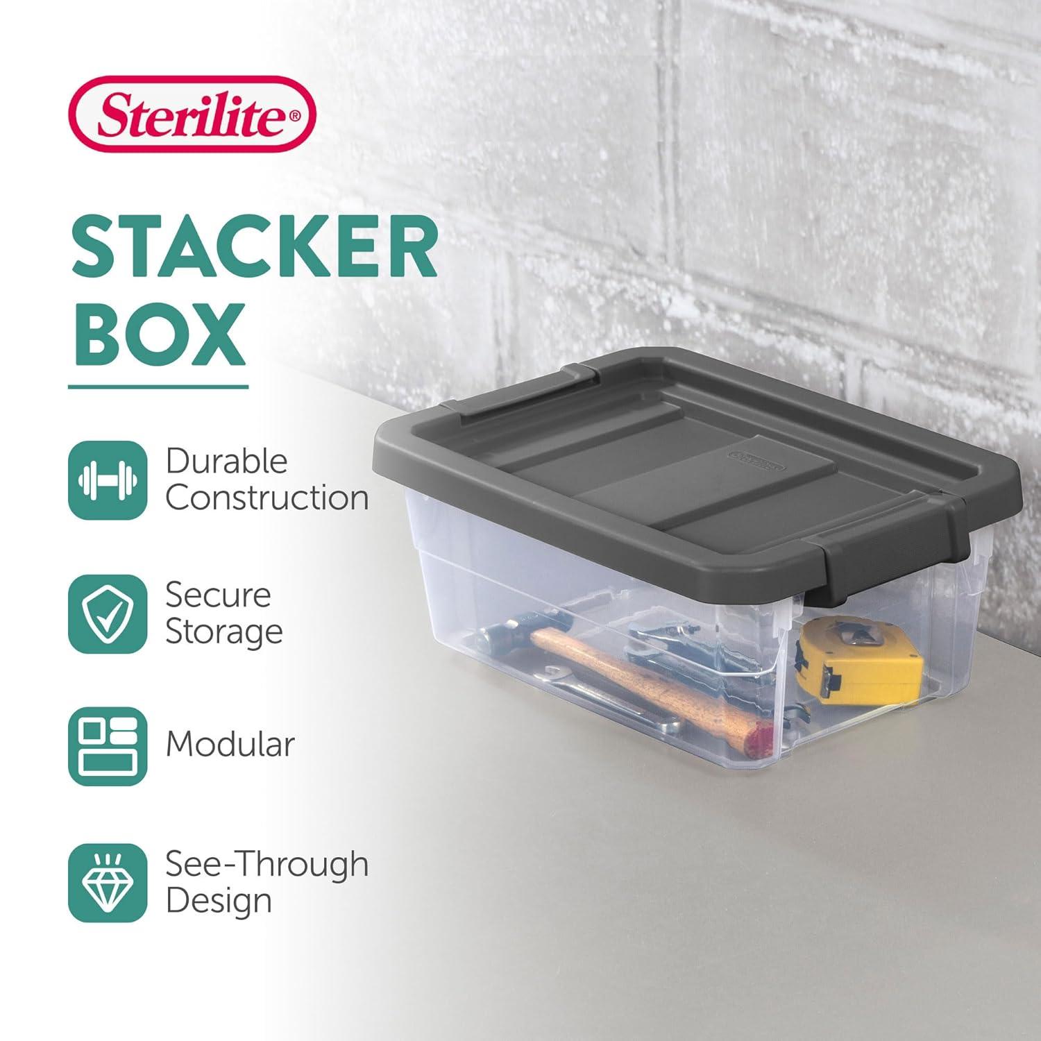 imageSterilite 4Pack Modular Stacker Box Durable Clear Plastic Storage Bins with Latching Lids 108 Quart Stackable Organizing Container Boxes for Closet Bathroom and Office16 Quart