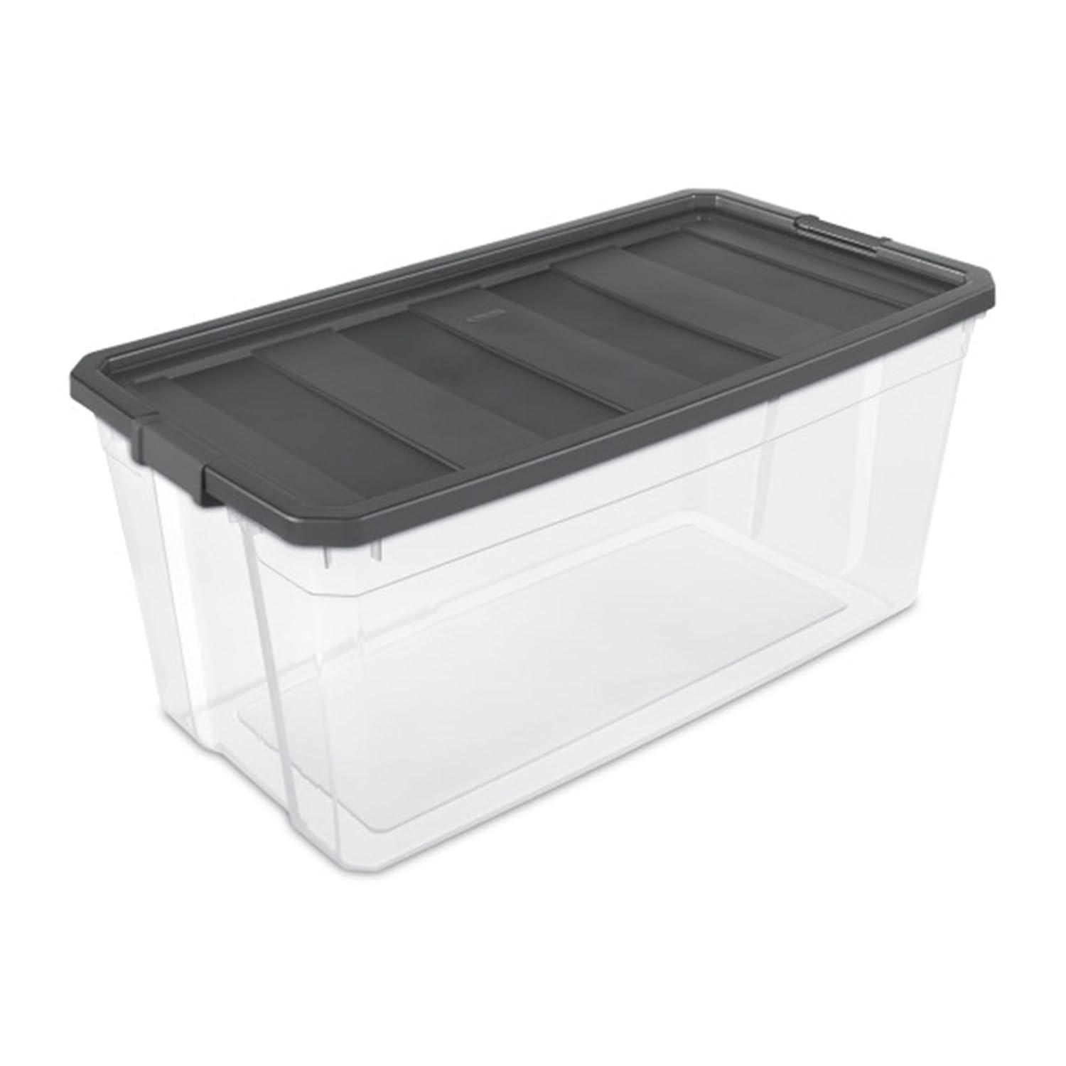 imageSterilite 4Pack Modular Stacker Box Durable Clear Plastic Storage Bins with Latching Lids 108 Quart Stackable Organizing Container Boxes for Closet Bathroom and Office100 Quart