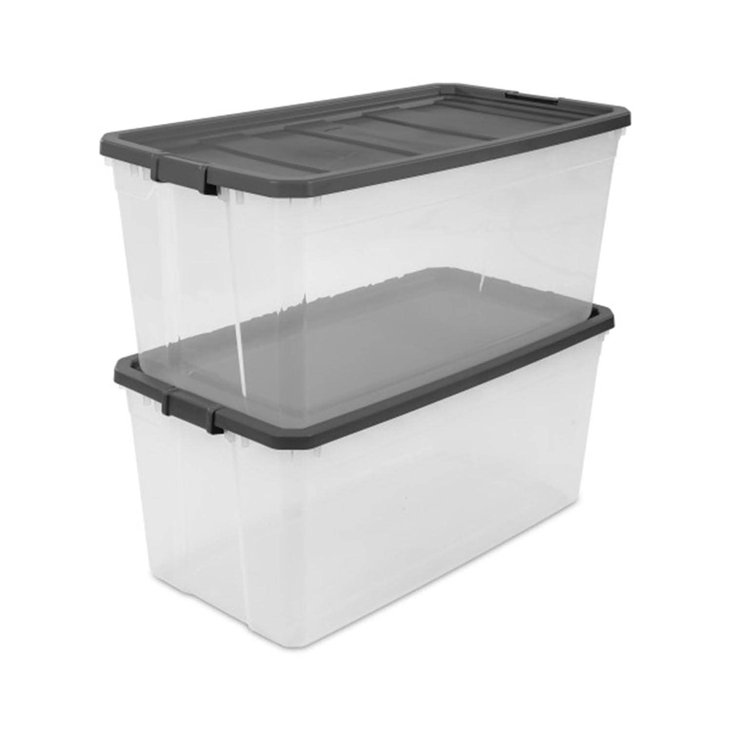 imageSterilite 4Pack Modular Stacker Box Durable Clear Plastic Storage Bins with Latching Lids 108 Quart Stackable Organizing Container Boxes for Closet Bathroom and Office100 Quart