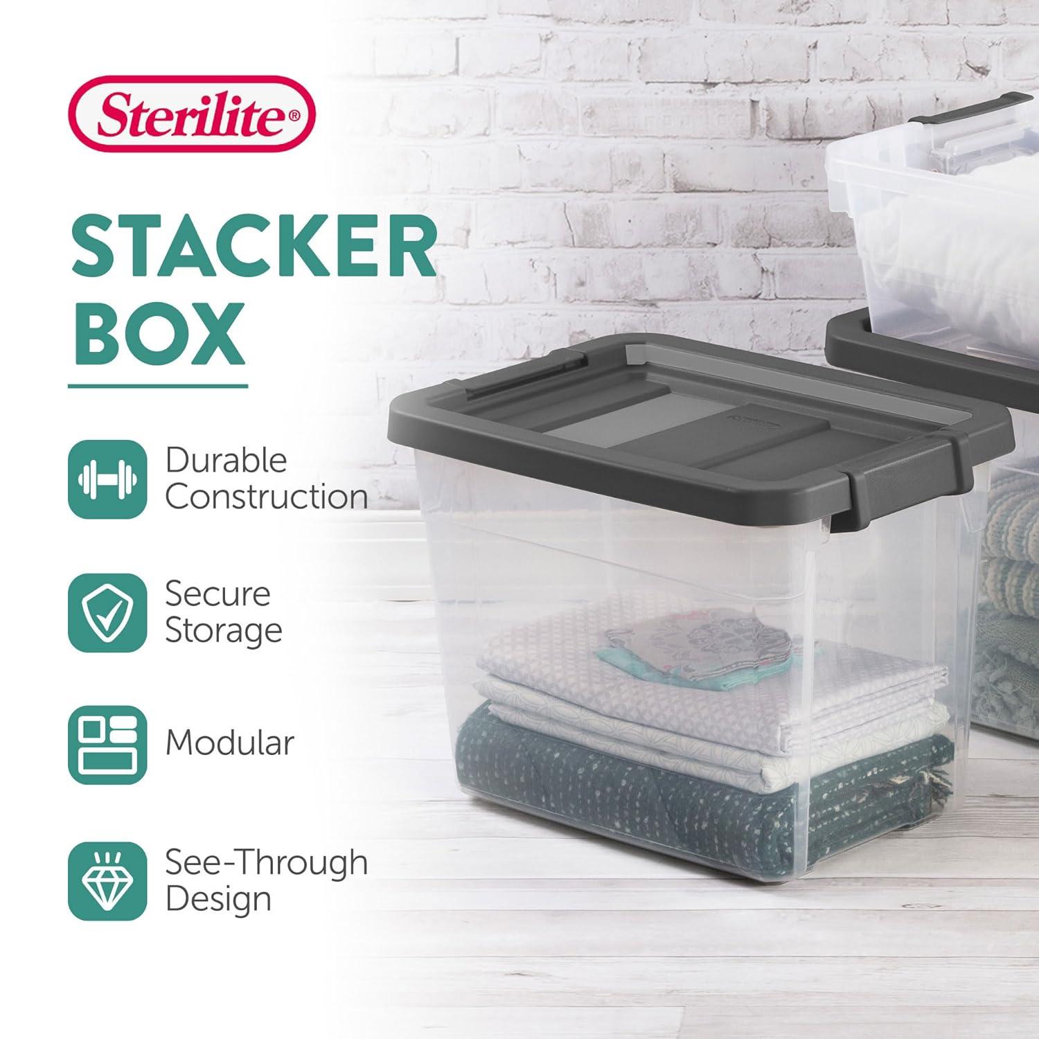 imageSterilite 4Pack Modular Stacker Box Durable Clear Plastic Storage Bins with Latching Lids 108 Quart Stackable Organizing Container Boxes for Closet Bathroom and Office30 Quart