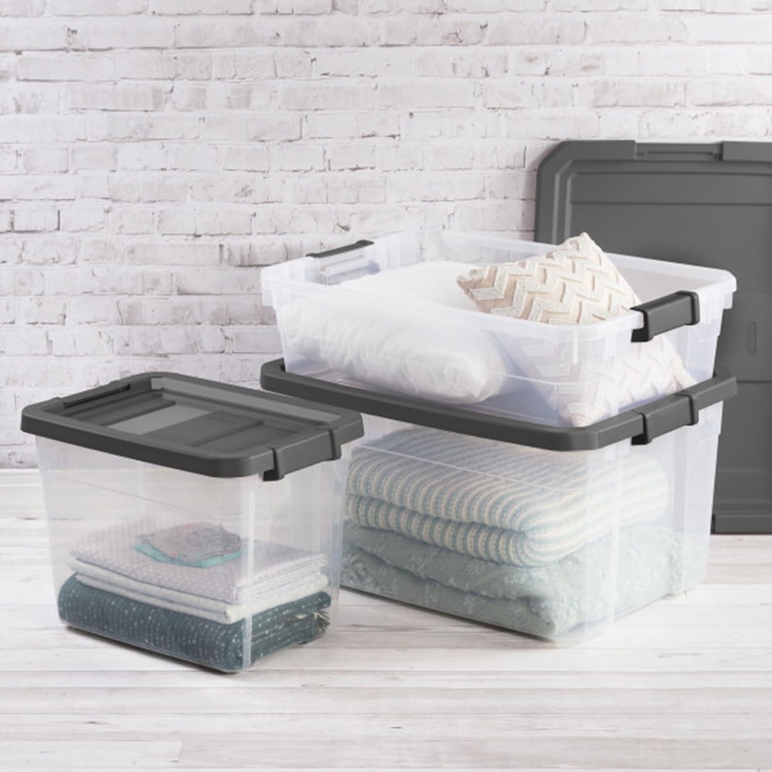 imageSterilite 4Pack Modular Stacker Box Durable Clear Plastic Storage Bins with Latching Lids 108 Quart Stackable Organizing Container Boxes for Closet Bathroom and Office16 Quart