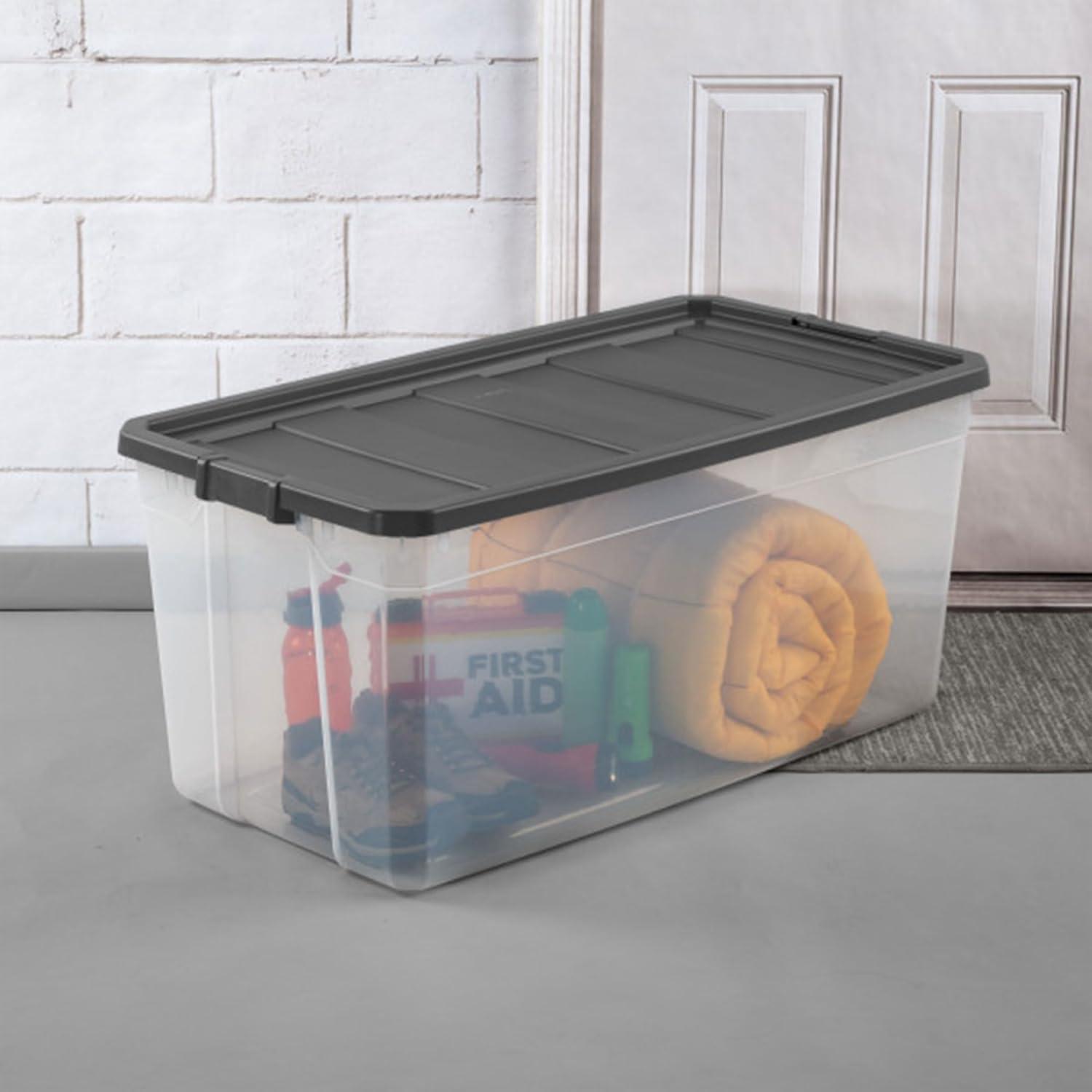 imageSterilite 4Pack Modular Stacker Box Durable Clear Plastic Storage Bins with Latching Lids 108 Quart Stackable Organizing Container Boxes for Closet Bathroom and Office200 Quart