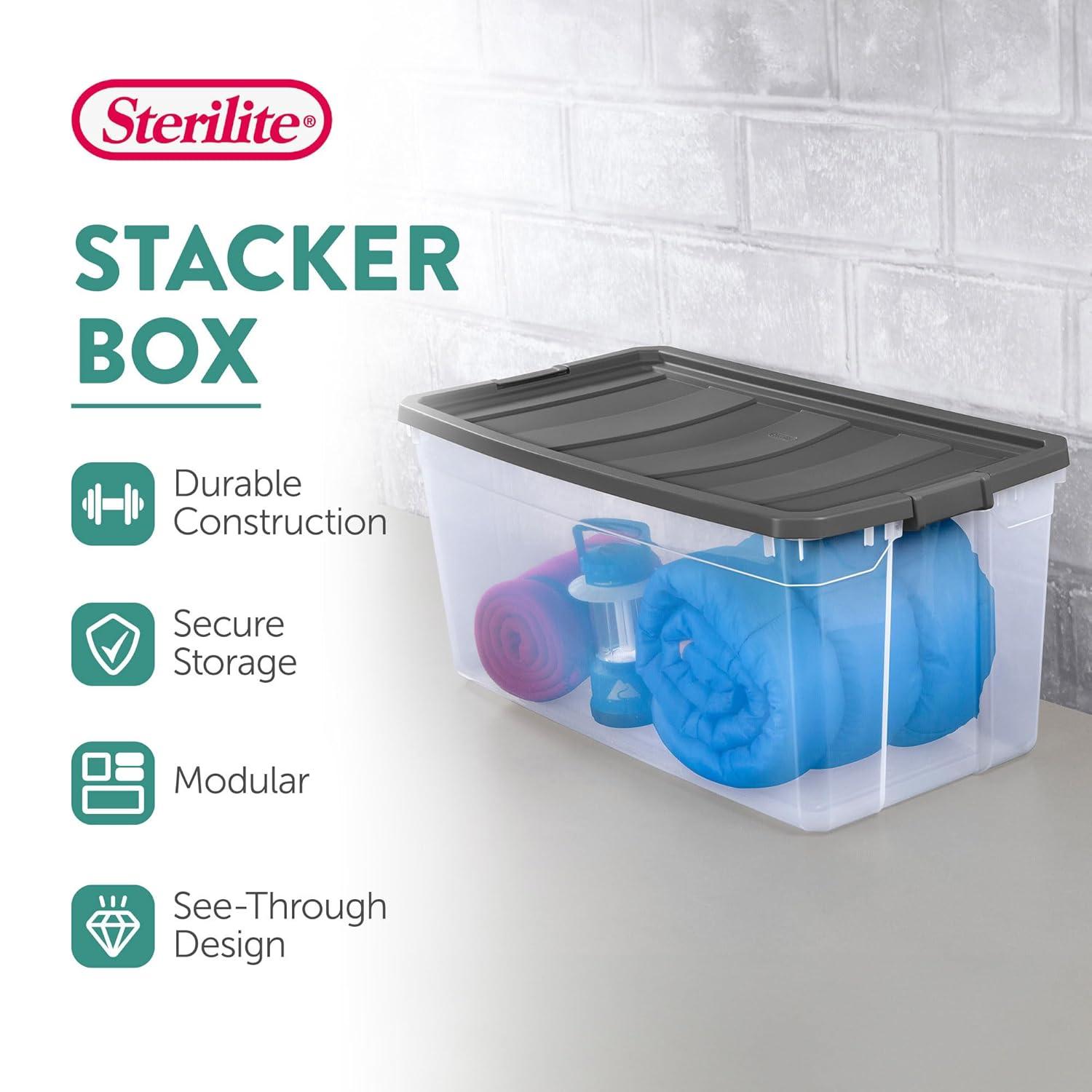 imageSterilite 4Pack Modular Stacker Box Durable Clear Plastic Storage Bins with Latching Lids 108 Quart Stackable Organizing Container Boxes for Closet Bathroom and Office100 Quart