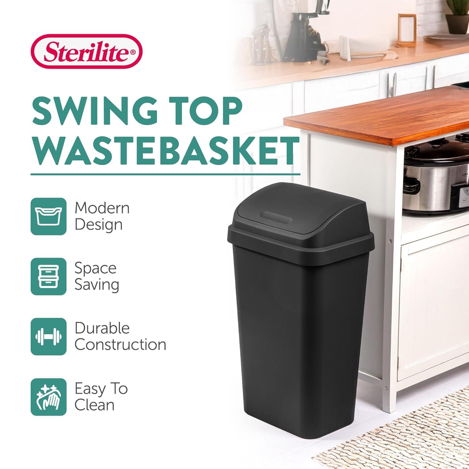 imageSterilite 4Pack Swing Top Wastebasket Sleek Square Profile Trash Can 13 Gallon Black Modern Garbage Bin for Kitchen Bathroom Garage and Workspace Fits 13 Gal LinersBlack