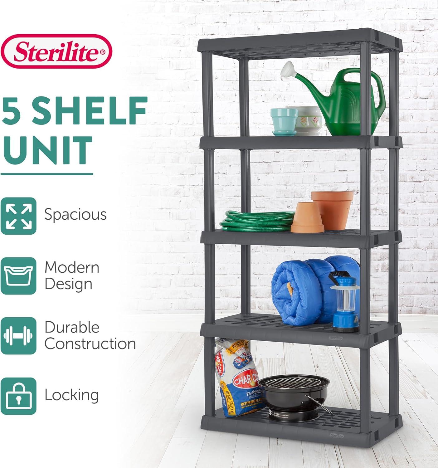 imageSterilite 5 Shelf Unit HeavyDuty Shelving Storage Rack for Home and Garage Gray Multipurpose Plastic Organizer Shelves for Smart Organization5 Shelf