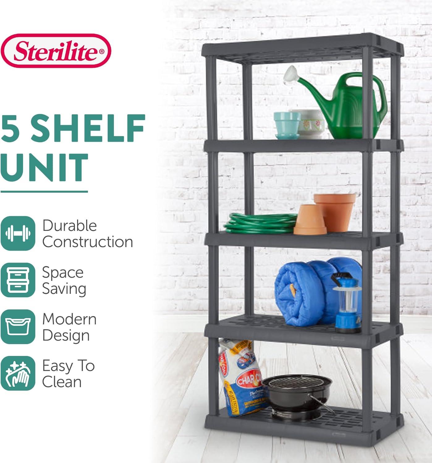 imageSterilite 5 Shelf Unit HeavyDuty Shelving Storage Rack for Home and Garage Gray Multipurpose Plastic Organizer Shelves for Smart Organization5 Shelf