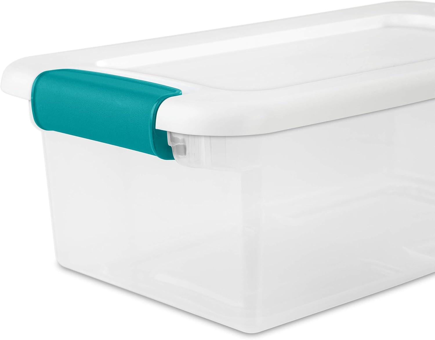 imageSterilite 6 Qt Latching Storage Box Stackable Bin with Latch Lid Plastic Container to Organize Shoes on Closet Shelf Clear with White Lid 12Pack