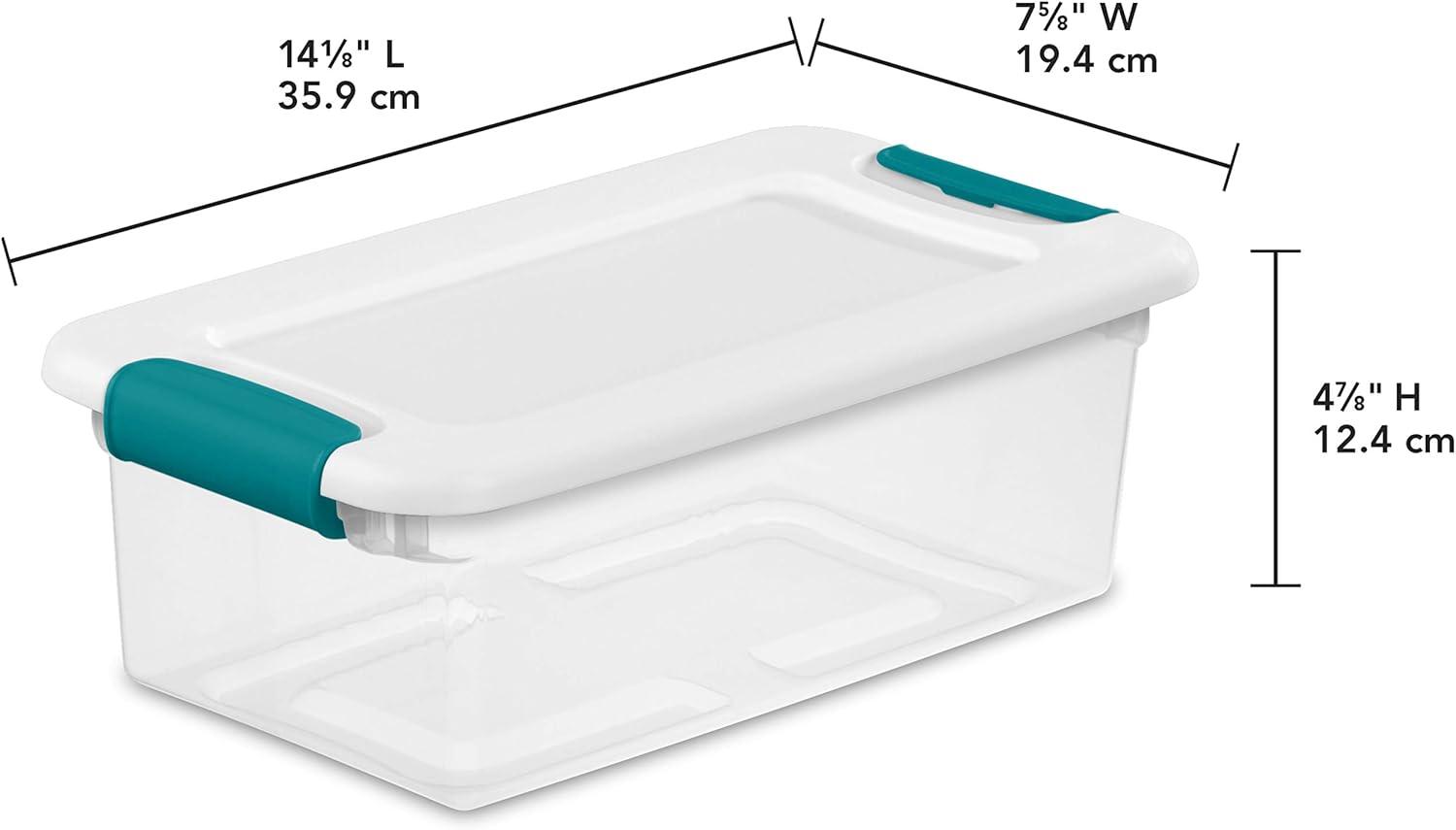 imageSterilite 6 Qt Latching Storage Box Stackable Bin with Latch Lid Plastic Container to Organize Shoes on Closet Shelf Clear with White Lid 12Pack