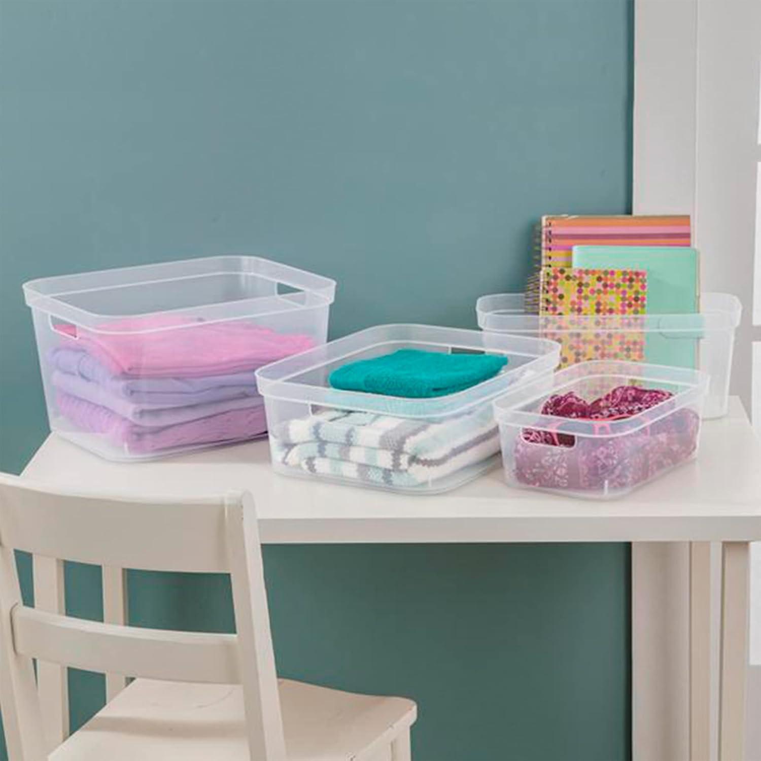 imageSterilite 625x625x15 Inch Narrow Modern Storage Bin with Comfortable Carry Through Handles and Banded Rim for Household Organization Clear 8 PackClear