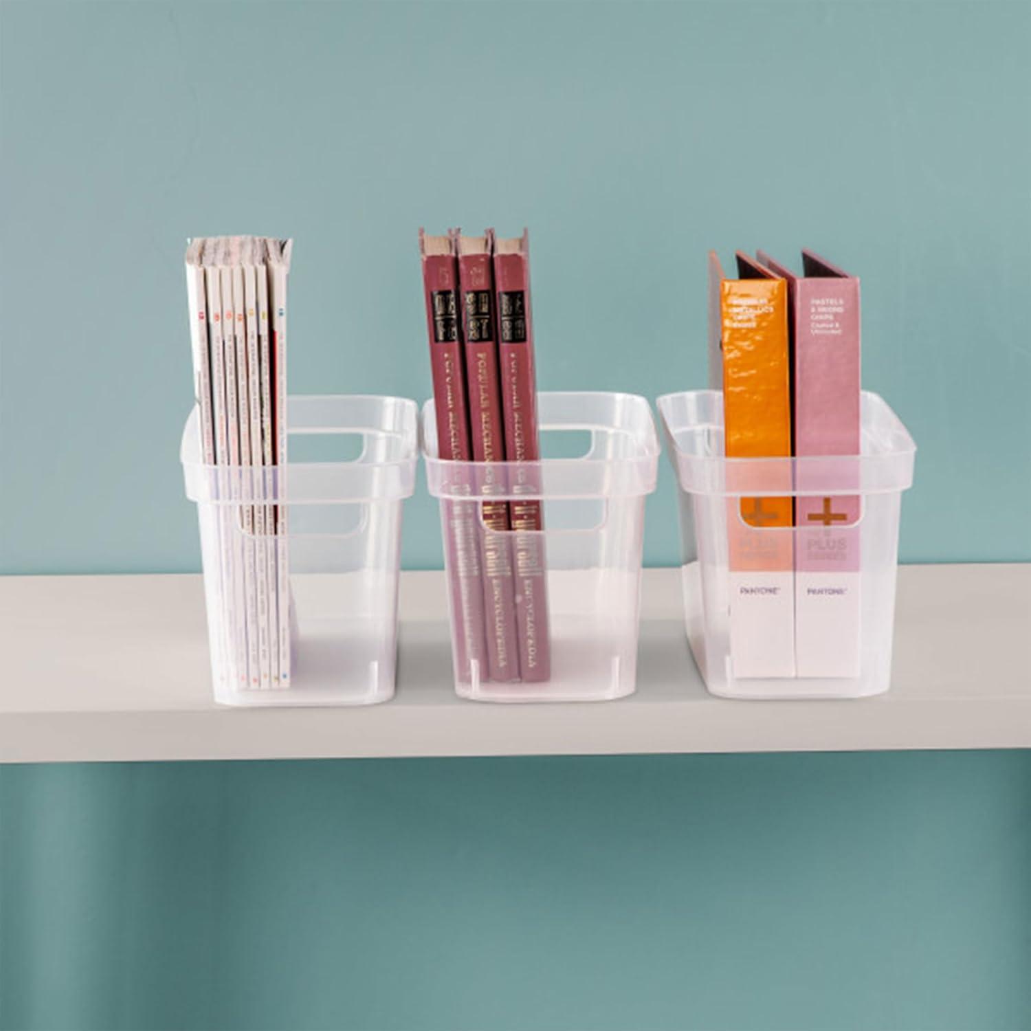 imageSterilite 625x625x15 Inch Narrow Modern Storage Bin with Comfortable Carry Through Handles and Banded Rim for Household Organization Clear 8 PackClear