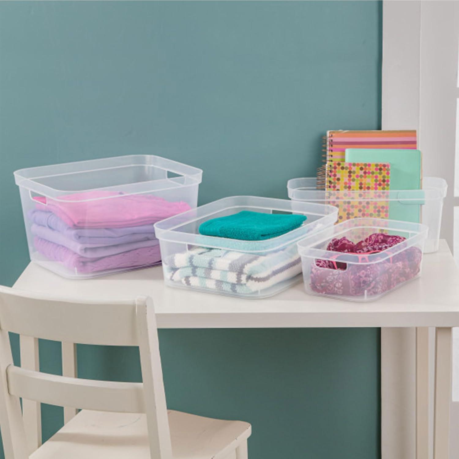 imageSterilite 625x625x15 Inch Narrow Modern Storage Bin with Comfortable Carry Through Handles and Banded Rim for Household Organization Clear 8 PackClear