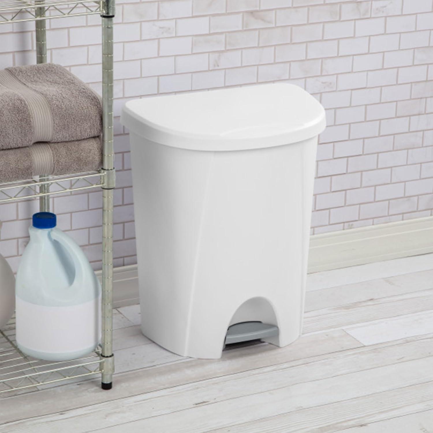 imageSterilite 66 Gallon StepOn Wastebasket with Lid Medium Sized Plastic Trash Can for the Kitchen Bathroom or Mudroom Pedal White 4Pack