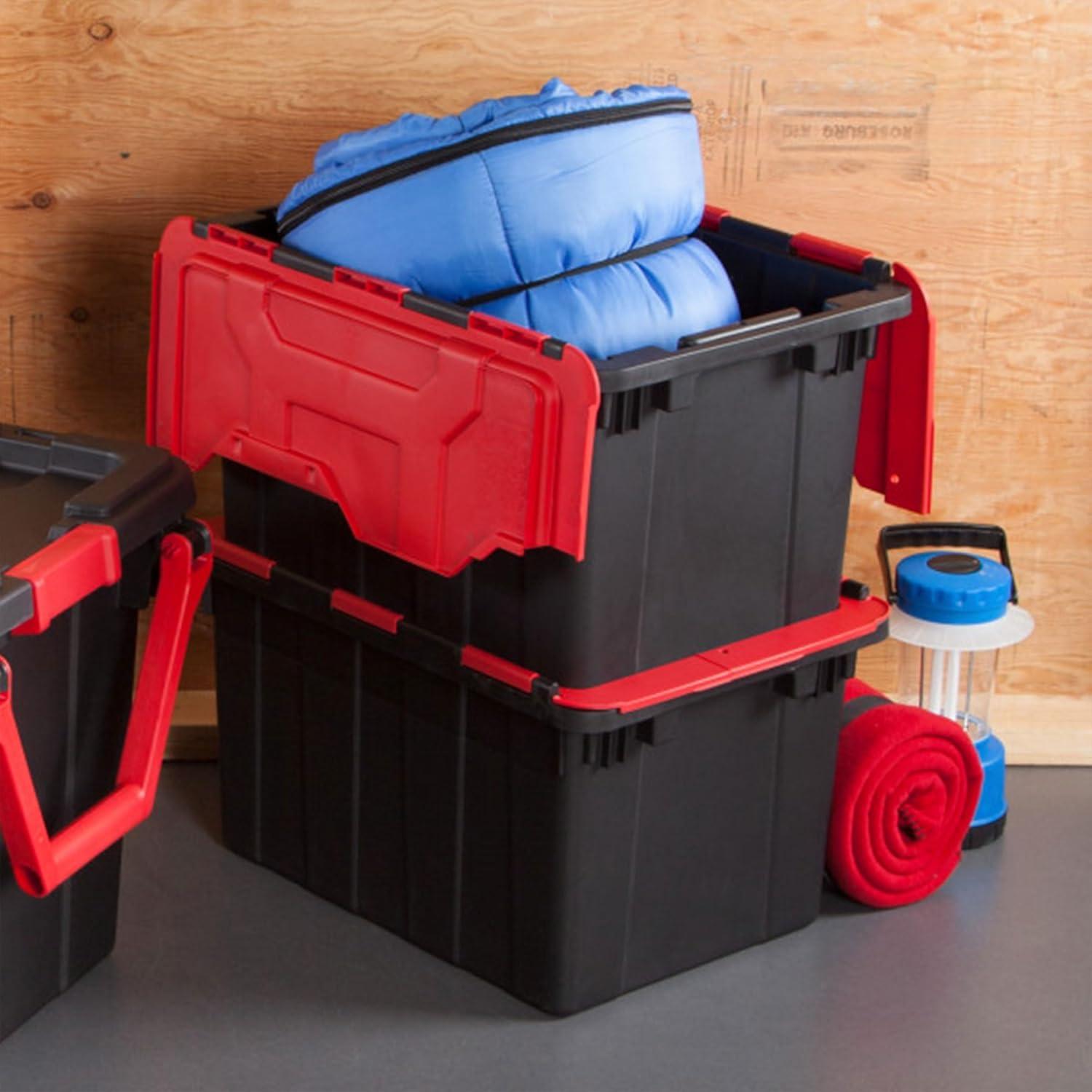 imageSterilite 6Pack 12 Gallon Hinged Lid Industrial Tote HeavyDuty Plastic Organizer Stackable Multipurpose Home Storage Bins with Contoured Handles for Garage Basement or Attic Organization12 Pack