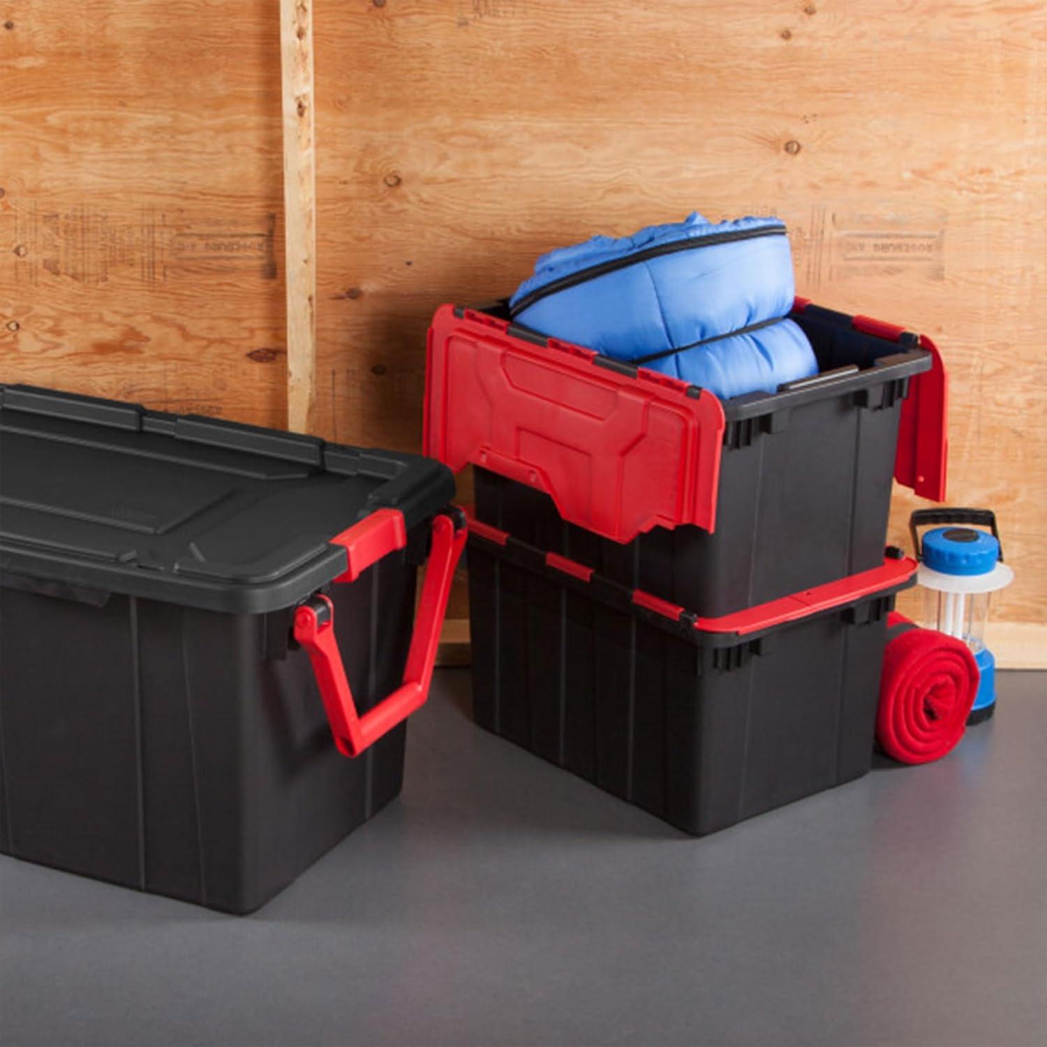 imageSterilite 6Pack 12 Gallon Hinged Lid Industrial Tote HeavyDuty Plastic Organizer Stackable Multipurpose Home Storage Bins with Contoured Handles for Garage Basement or Attic Organization18 Pack