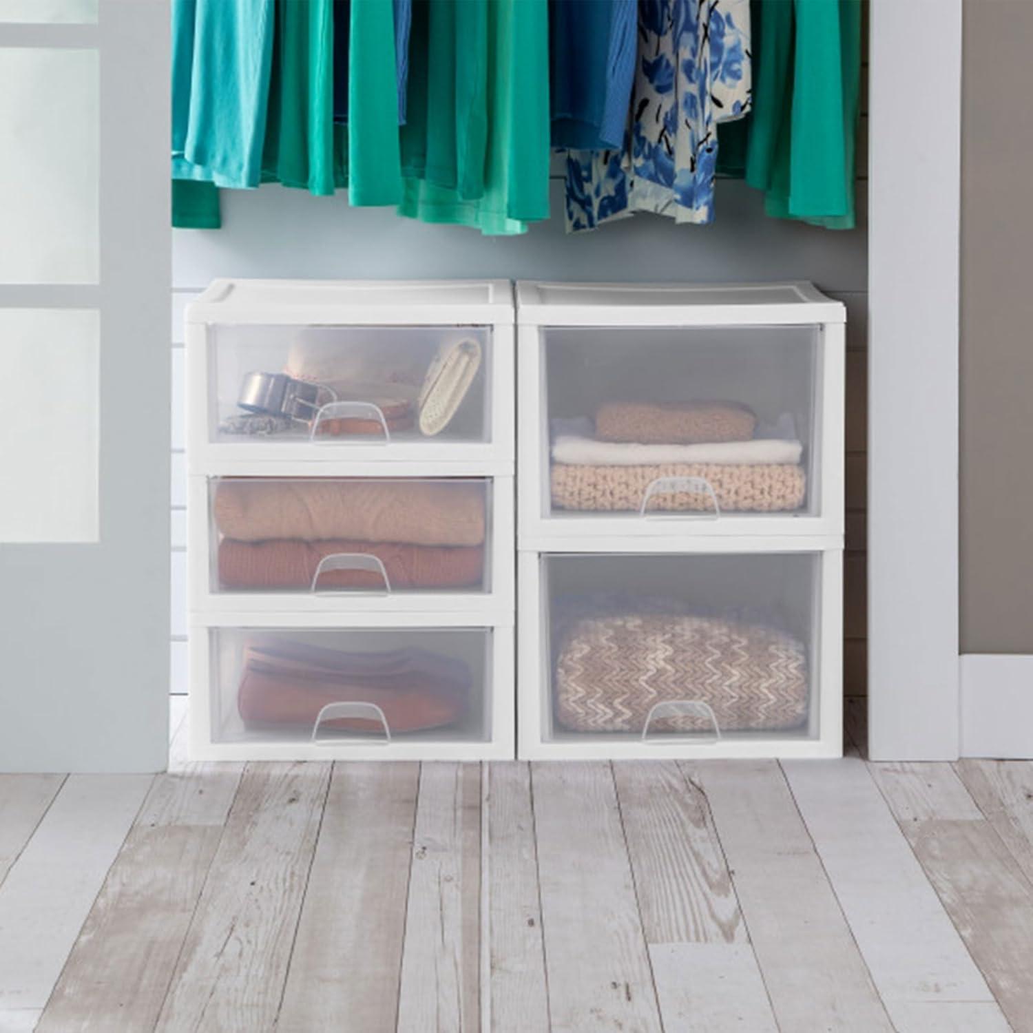 imageSterilite 6Pack 16 Quart Stacking Drawer Clear Storage Closet Organizer White Frame Stackable Modular Plastic Drawers for Clothes Accessories Craft Supplies Shoes or Linens27 Quart
