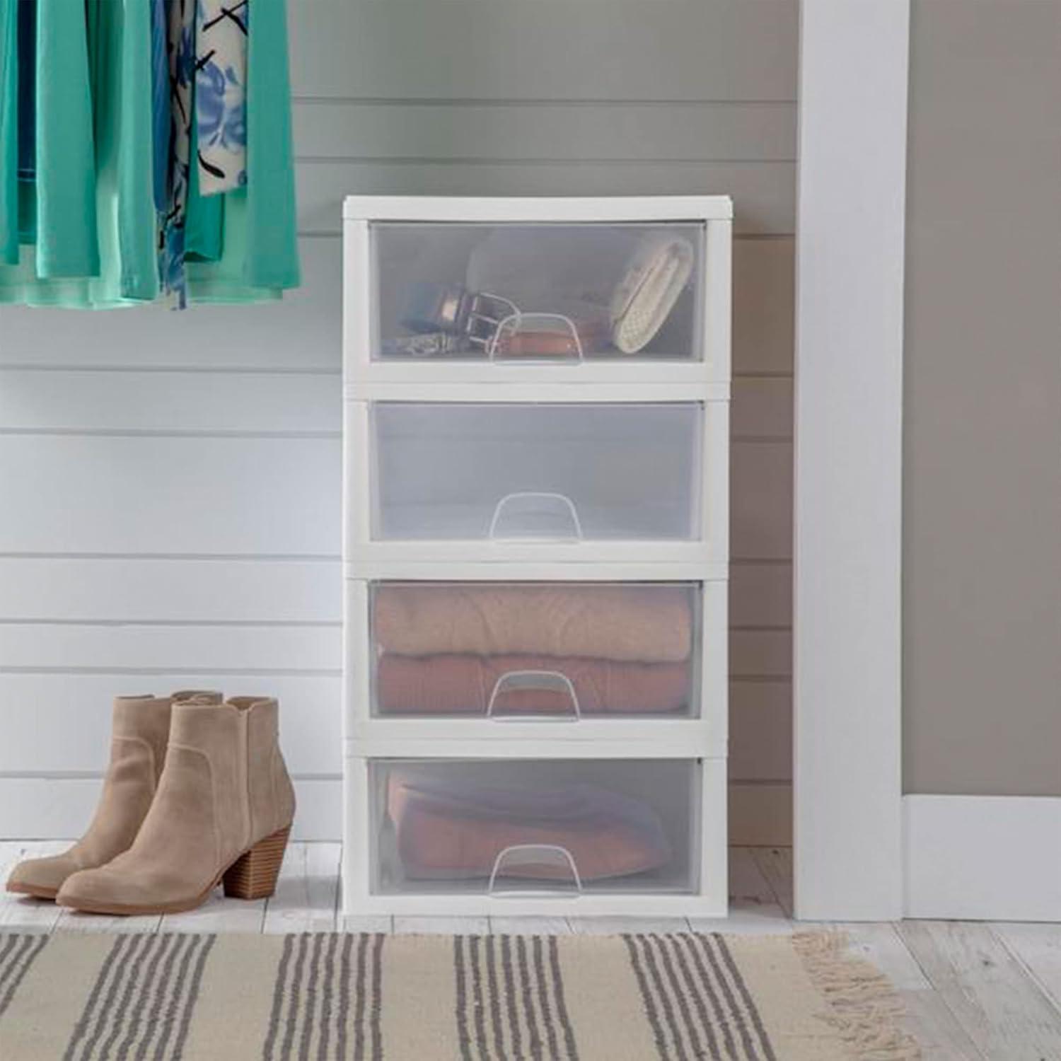 imageSterilite 6Pack 16 Quart Stacking Drawer Clear Storage Closet Organizer White Frame Stackable Modular Plastic Drawers for Clothes Accessories Craft Supplies Shoes or Linens16 Quart