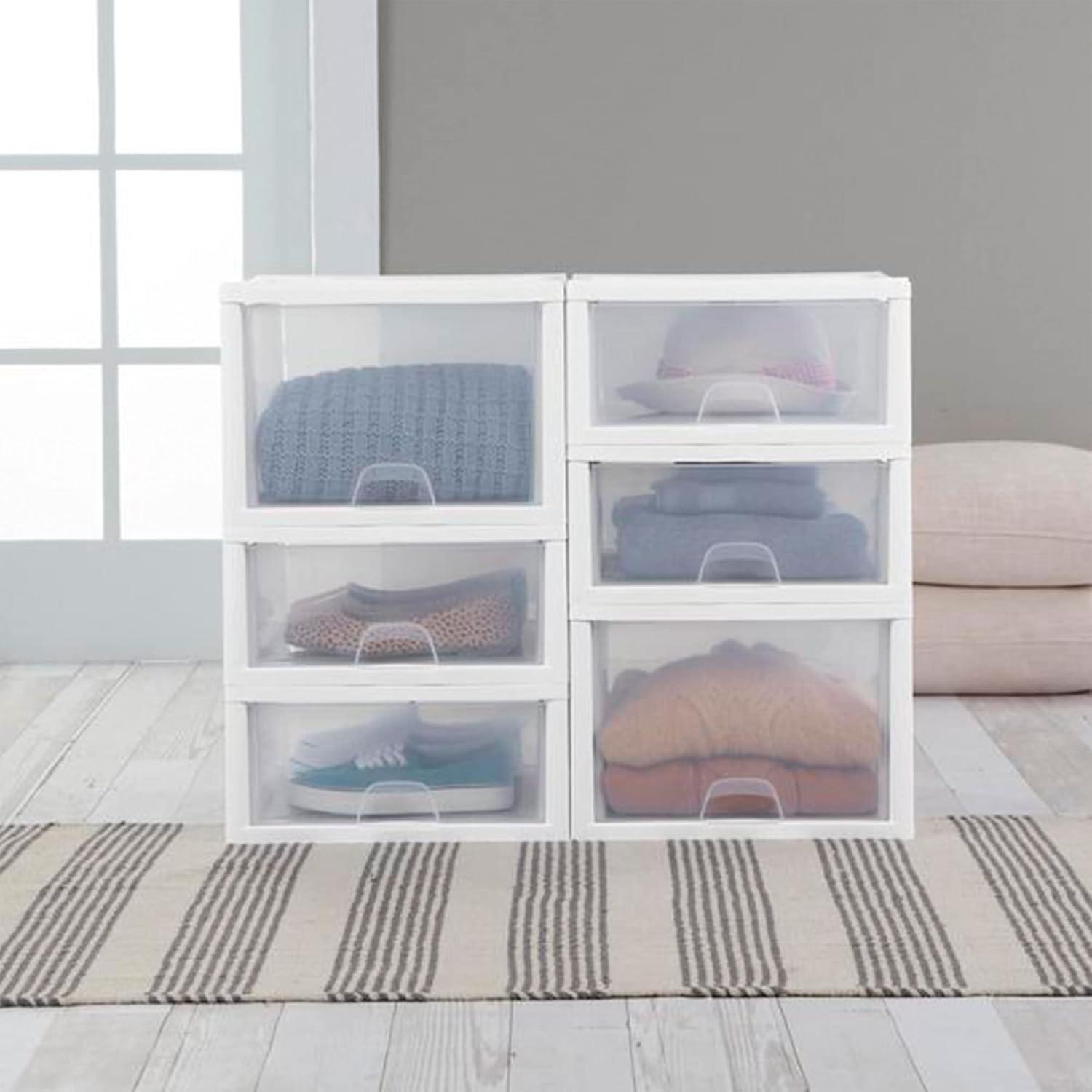 imageSterilite 6Pack 16 Quart Stacking Drawer Clear Storage Closet Organizer White Frame Stackable Modular Plastic Drawers for Clothes Accessories Craft Supplies Shoes or Linens16 Quart