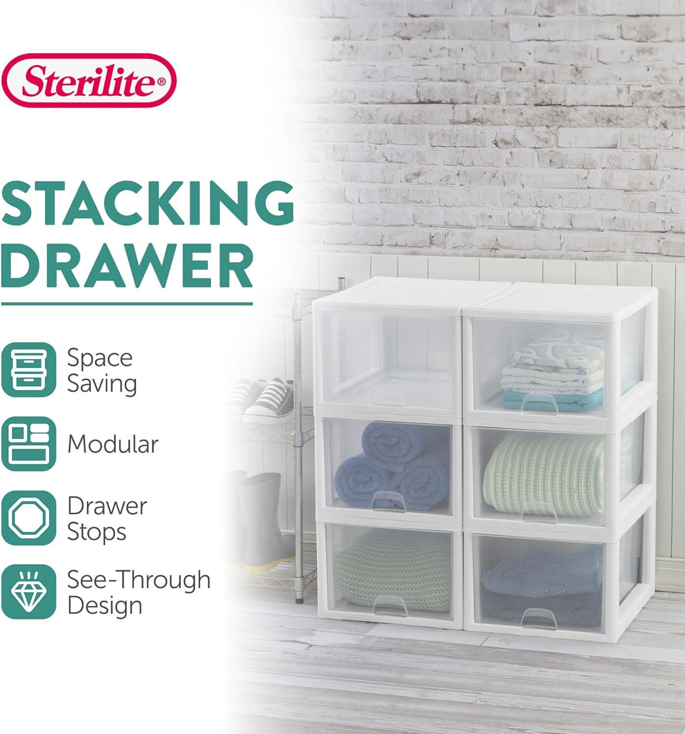 imageSterilite 6Pack 16 Quart Stacking Drawer Clear Storage Closet Organizer White Frame Stackable Modular Plastic Drawers for Clothes Accessories Craft Supplies Shoes or Linens27 Quart