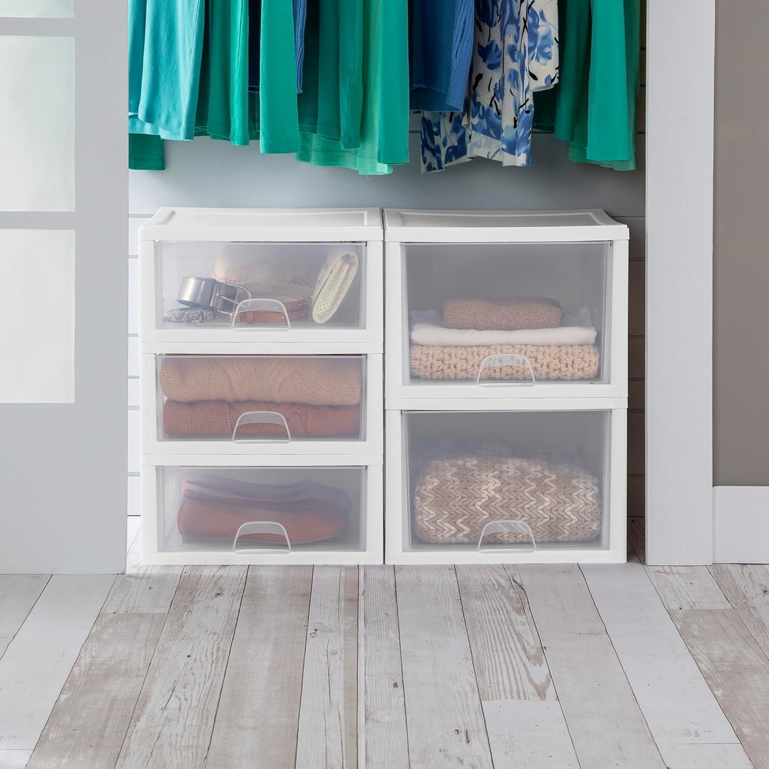 imageSterilite 6Pack 16 Quart Stacking Drawer Clear Storage Closet Organizer White Frame Stackable Modular Plastic Drawers for Clothes Accessories Craft Supplies Shoes or Linens16 Quart