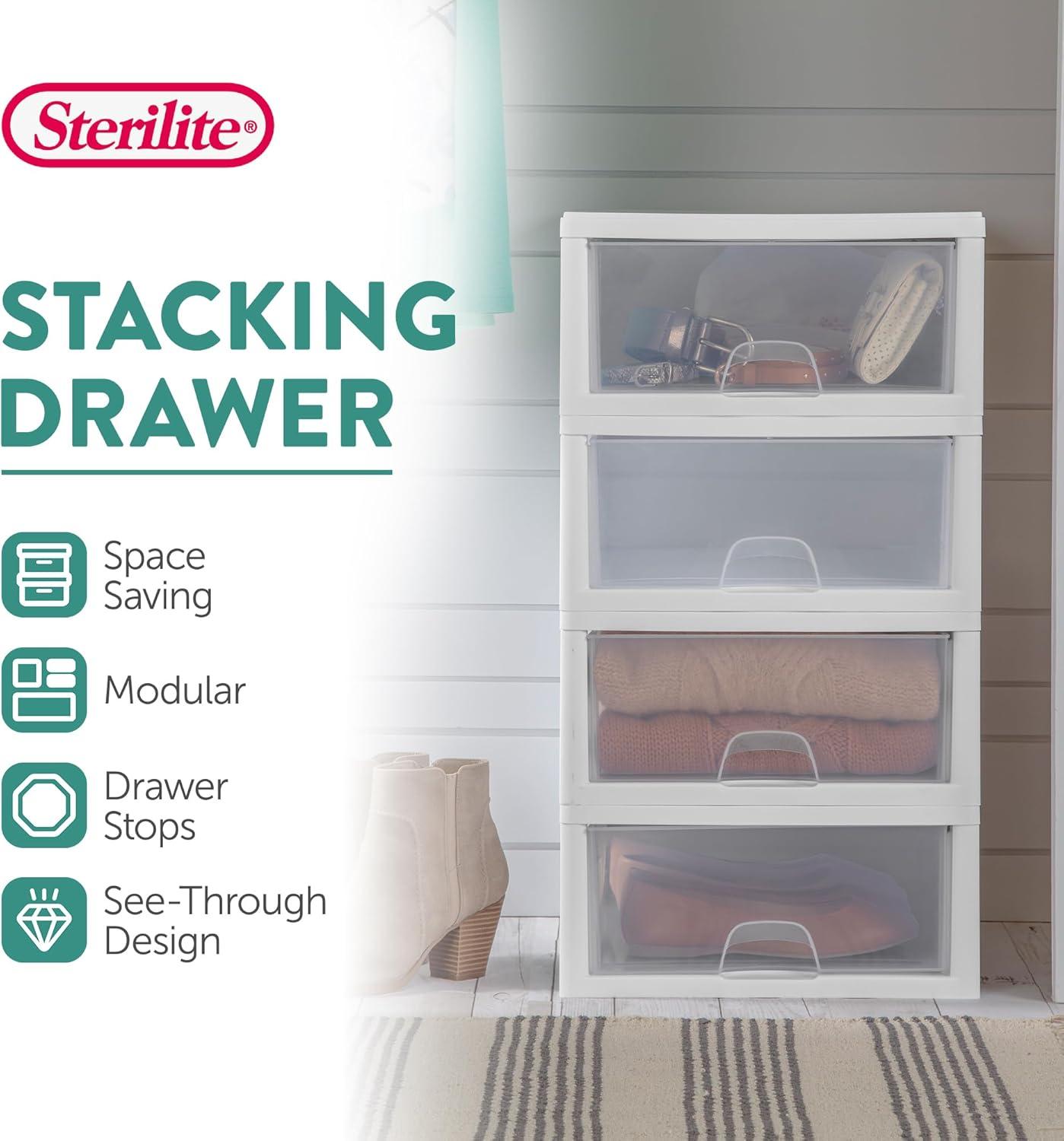 imageSterilite 6Pack 16 Quart Stacking Drawer Clear Storage Closet Organizer White Frame Stackable Modular Plastic Drawers for Clothes Accessories Craft Supplies Shoes or Linens16 Quart