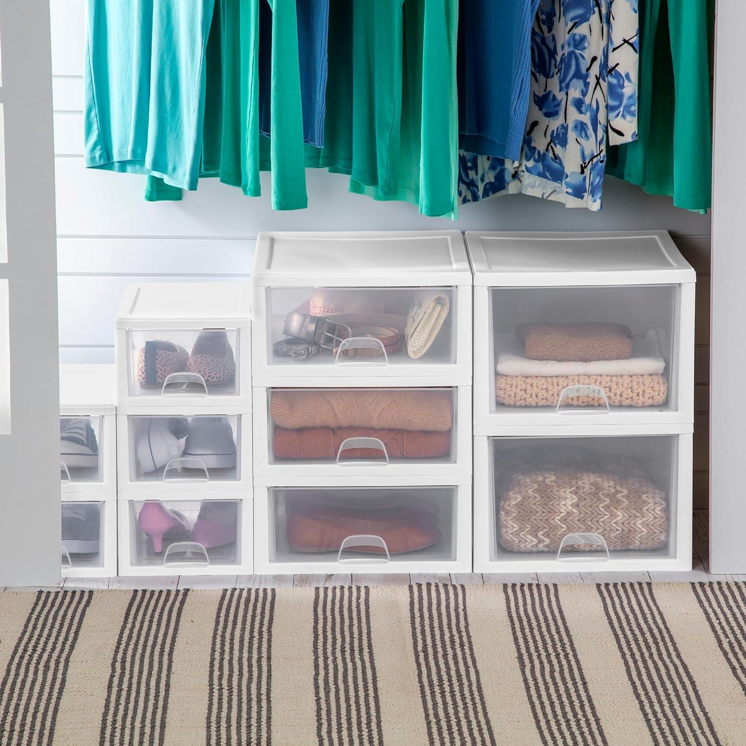 imageSterilite 6Pack 16 Quart Stacking Drawer Clear Storage Closet Organizer White Frame Stackable Modular Plastic Drawers for Clothes Accessories Craft Supplies Shoes or Linens6 Quart