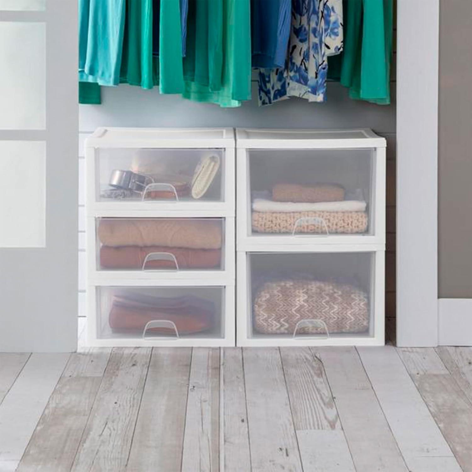 imageSterilite 6Pack 16 Quart Stacking Drawer Clear Storage Closet Organizer White Frame Stackable Modular Plastic Drawers for Clothes Accessories Craft Supplies Shoes or Linens16 Quart