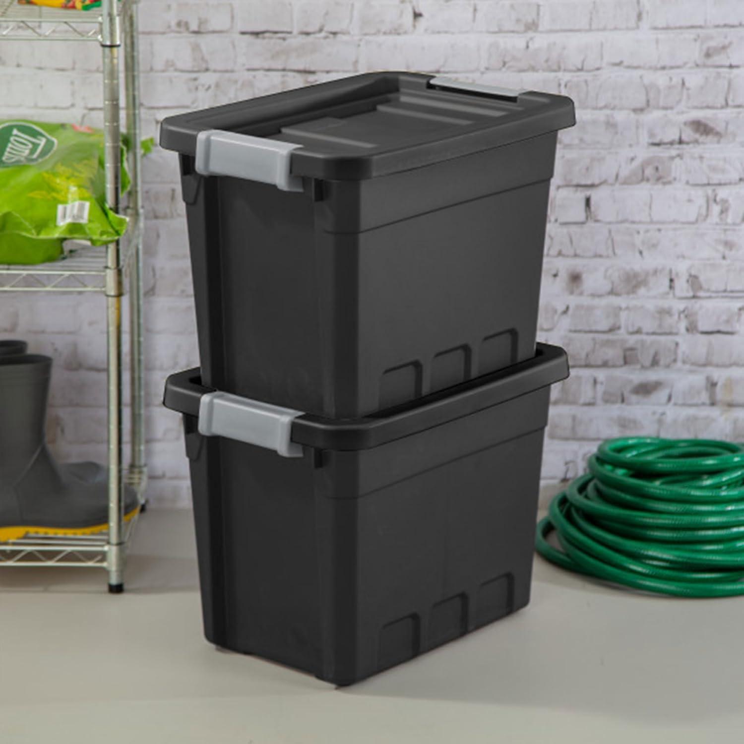 imageSterilite 6Pack 19 Gallon Stacker Tote Rugged Plastic Storage for Home Organization Black Stackable Organizer Bins with Recessed Lid amp HeavyDuty Latches for Closet Basement Garage and Attic75 Gallon