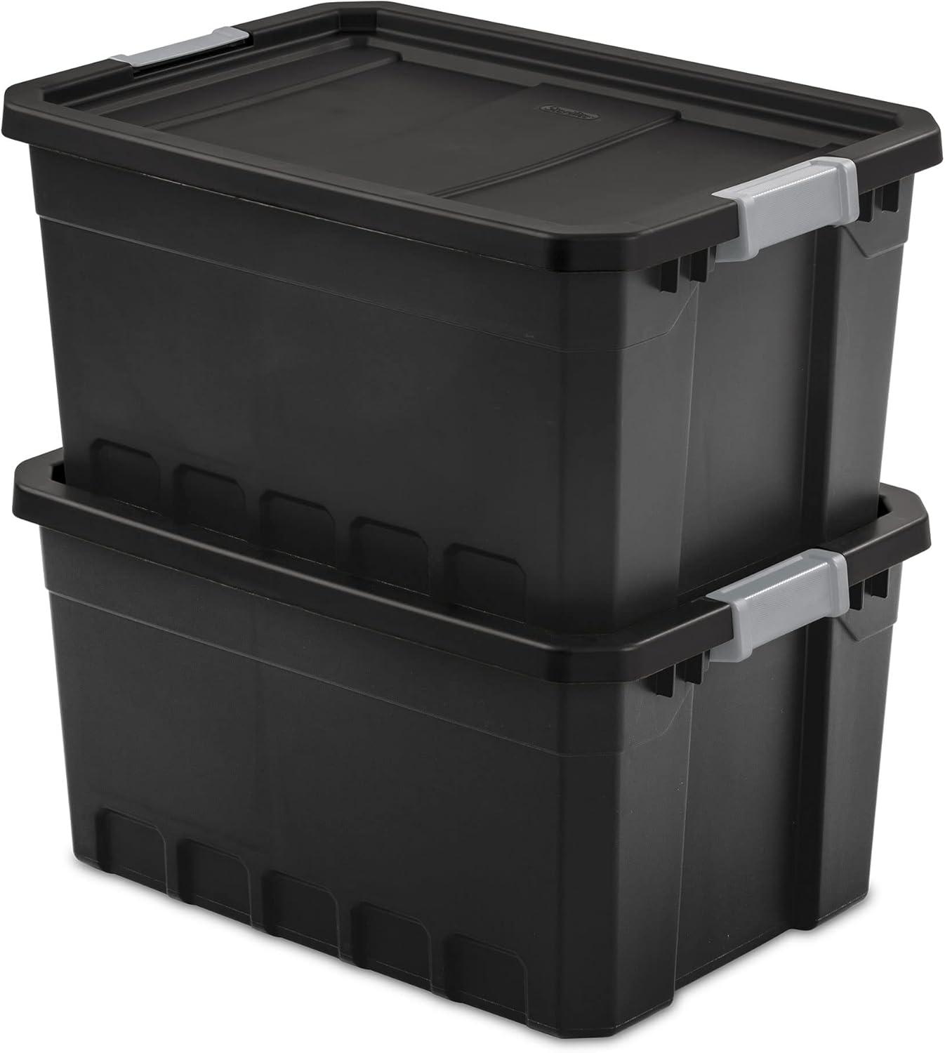 imageSterilite 6Pack 19 Gallon Stacker Tote Rugged Plastic Storage for Home Organization Black Stackable Organizer Bins with Recessed Lid amp HeavyDuty Latches for Closet Basement Garage and Attic19 Gallon