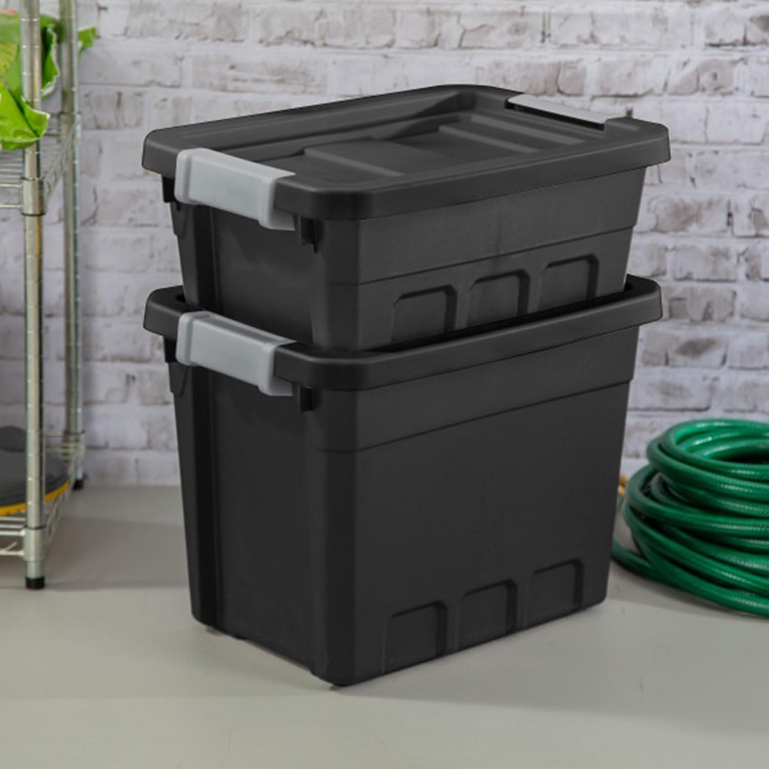 imageSterilite 6Pack 19 Gallon Stacker Tote Rugged Plastic Storage for Home Organization Black Stackable Organizer Bins with Recessed Lid amp HeavyDuty Latches for Closet Basement Garage and Attic24 Pack