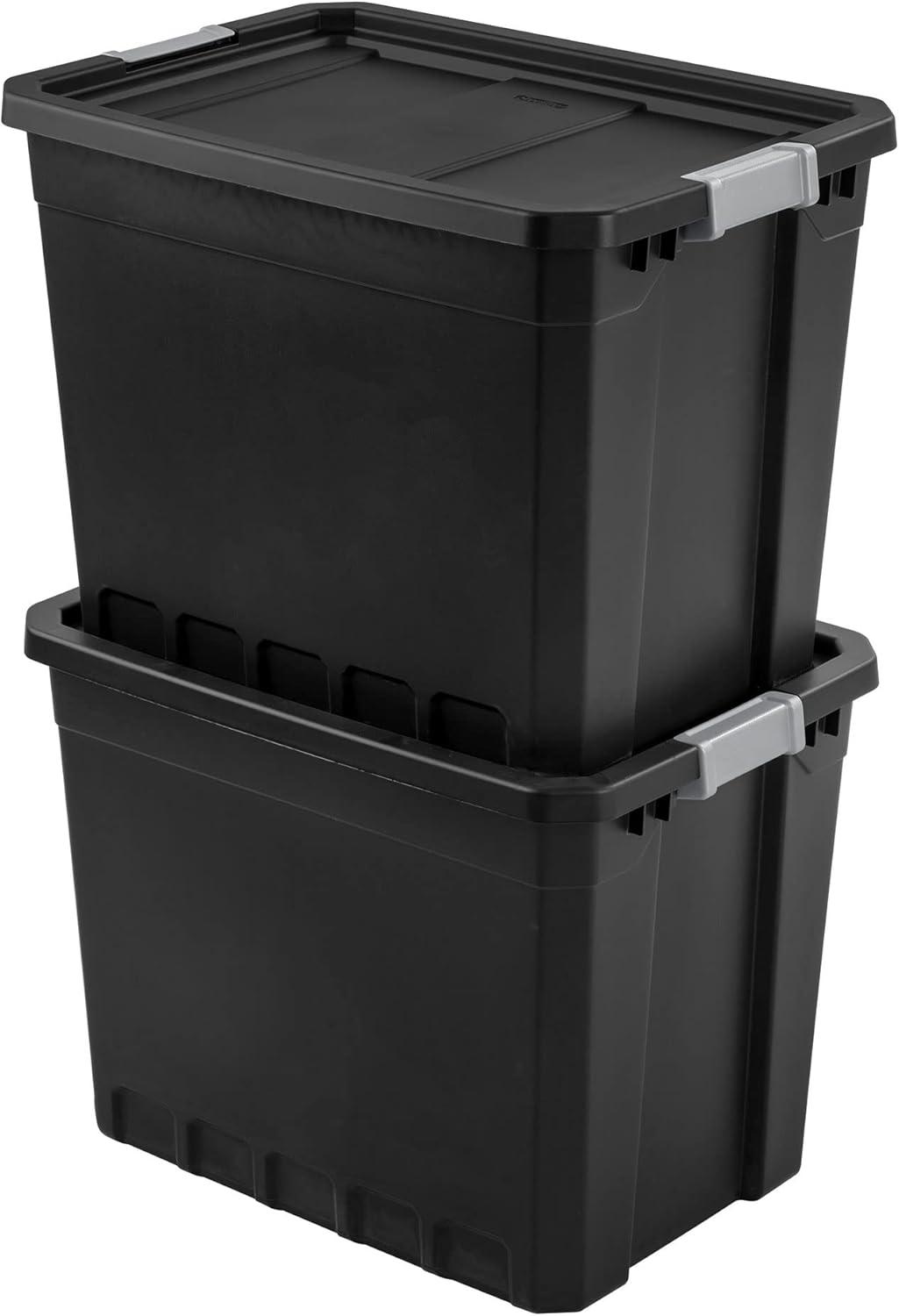 imageSterilite 6Pack 19 Gallon Stacker Tote Rugged Plastic Storage for Home Organization Black Stackable Organizer Bins with Recessed Lid amp HeavyDuty Latches for Closet Basement Garage and Attic27 Gallon
