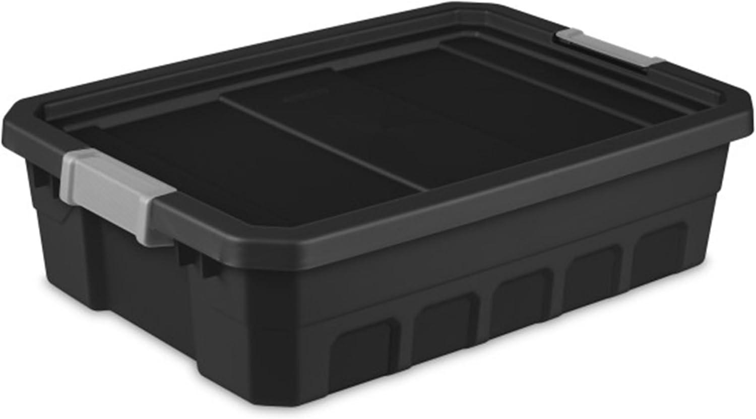 imageSterilite 6Pack 19 Gallon Stacker Tote Rugged Plastic Storage for Home Organization Black Stackable Organizer Bins with Recessed Lid amp HeavyDuty Latches for Closet Basement Garage and Attic24 Pack
