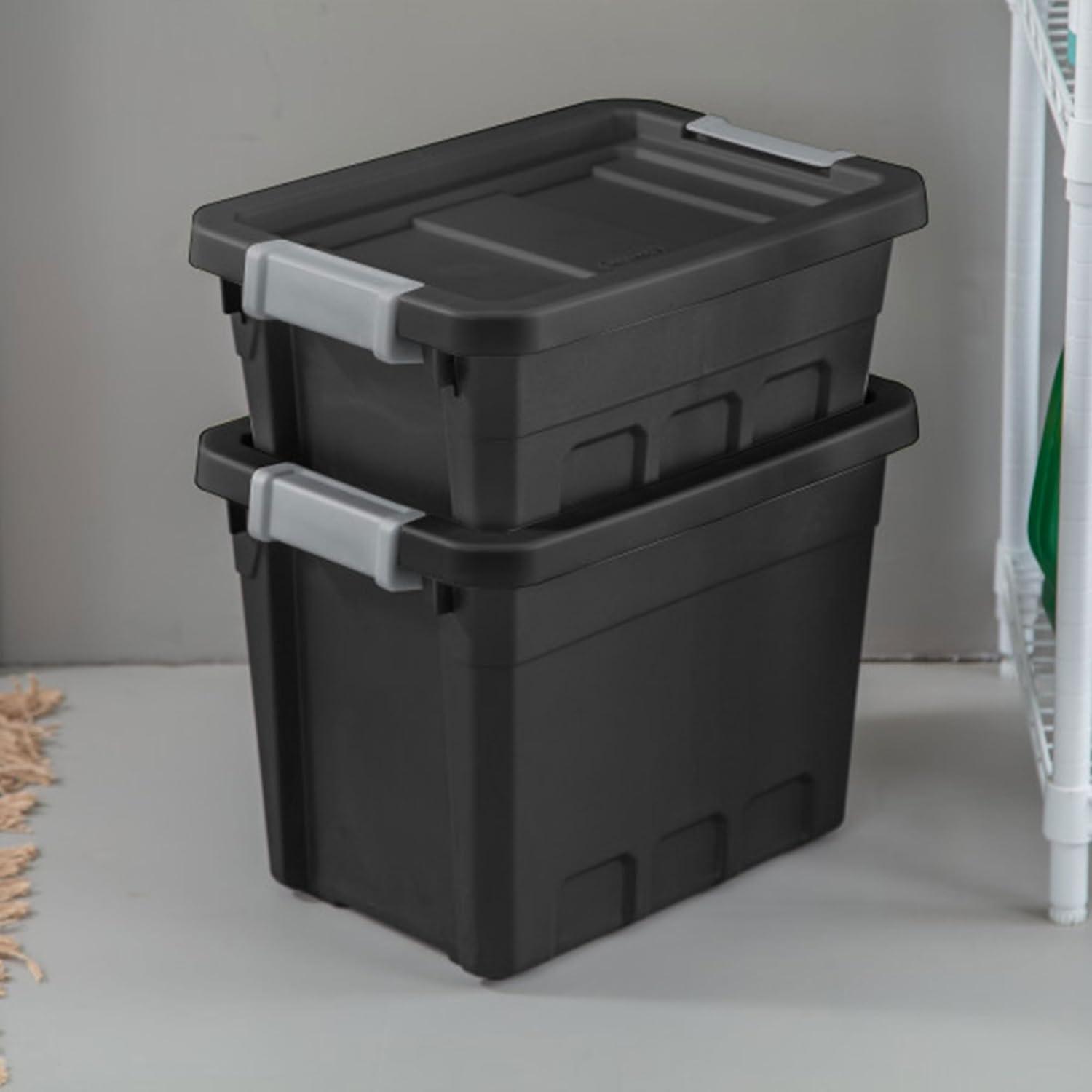 imageSterilite 6Pack 19 Gallon Stacker Tote Rugged Plastic Storage for Home Organization Black Stackable Organizer Bins with Recessed Lid amp HeavyDuty Latches for Closet Basement Garage and Attic24 Pack