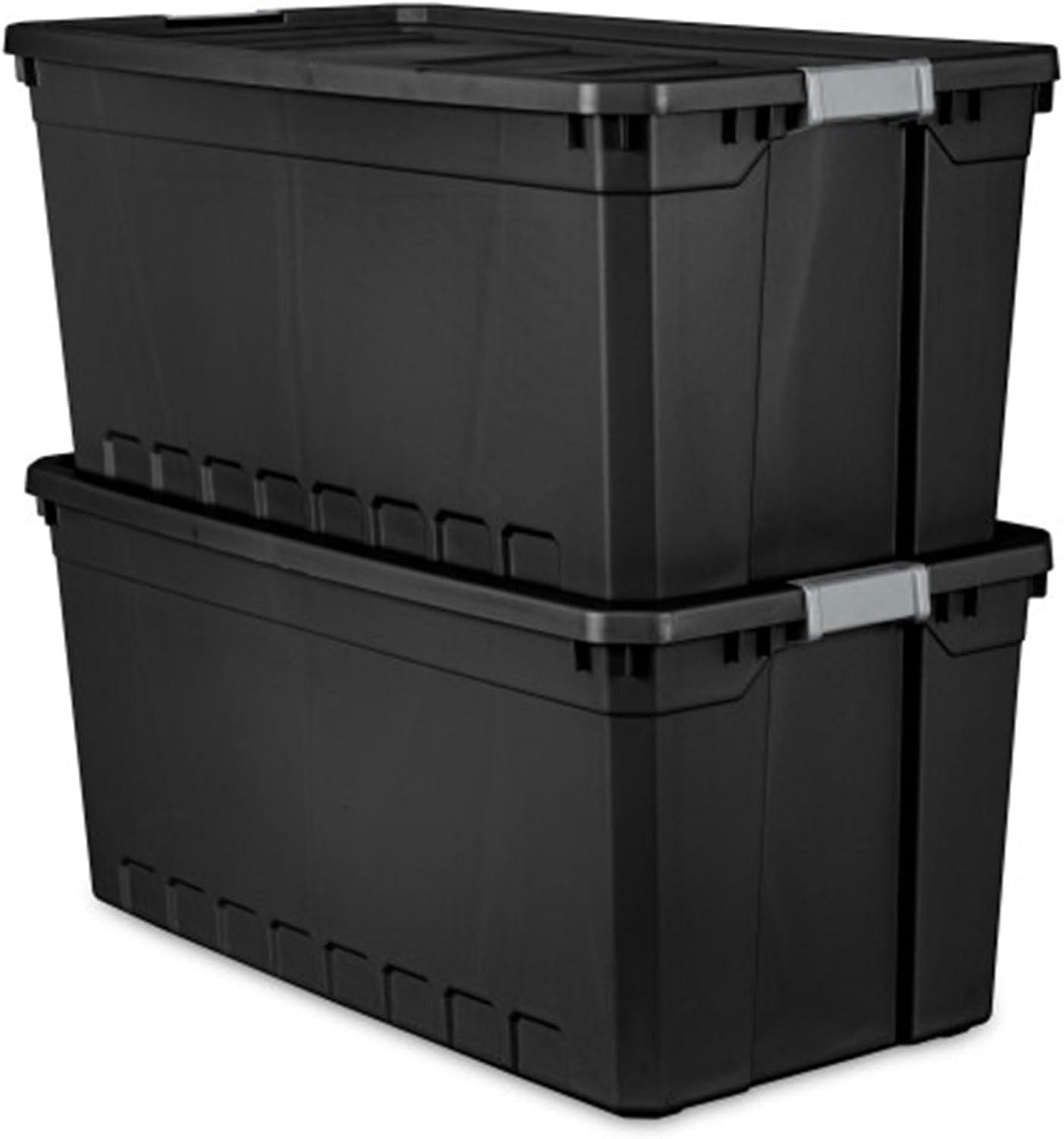 imageSterilite 6Pack 19 Gallon Stacker Tote Rugged Plastic Storage for Home Organization Black Stackable Organizer Bins with Recessed Lid amp HeavyDuty Latches for Closet Basement Garage and Attic50 Gallon