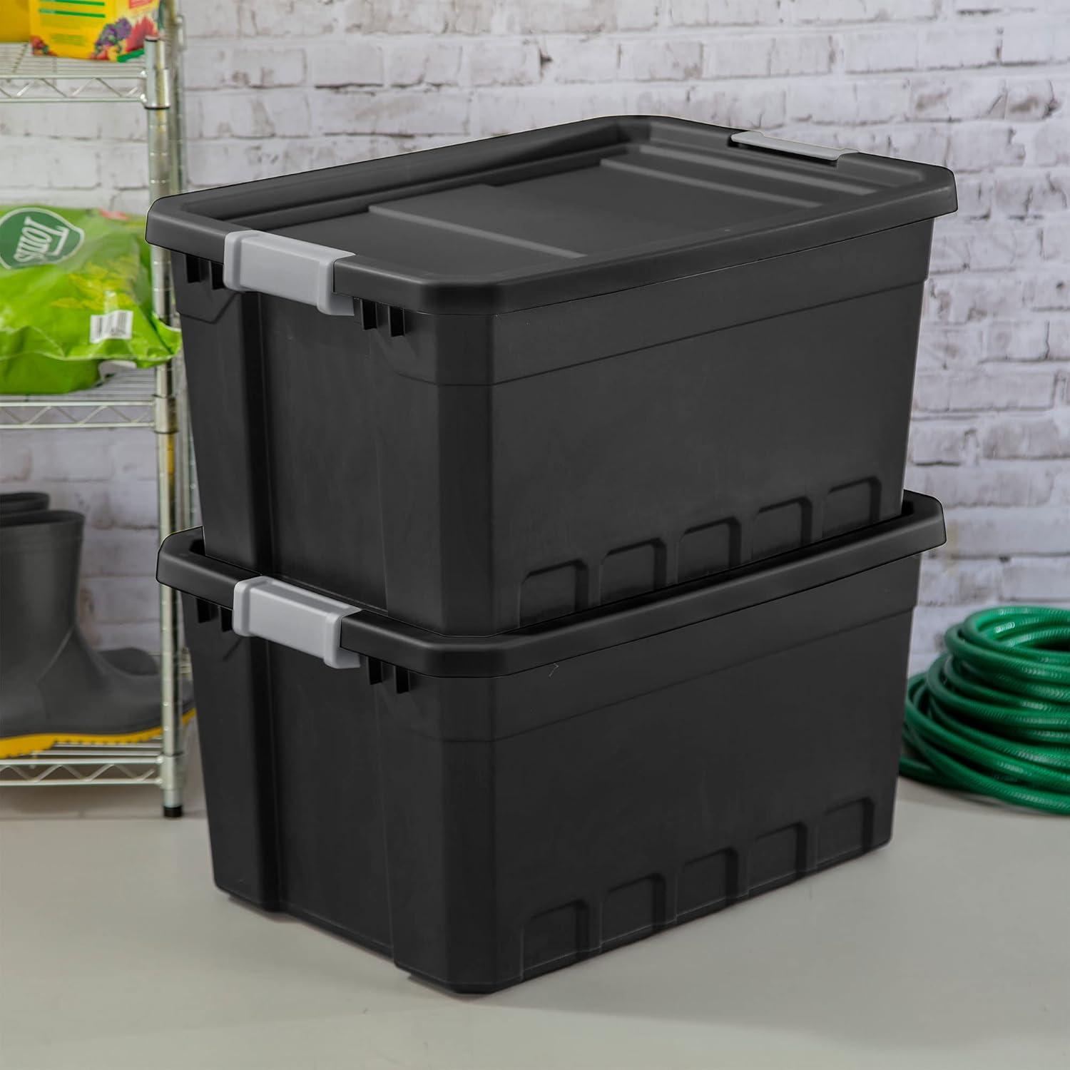 imageSterilite 6Pack 19 Gallon Stacker Tote Rugged Plastic Storage for Home Organization Black Stackable Organizer Bins with Recessed Lid amp HeavyDuty Latches for Closet Basement Garage and Attic19 Gallon