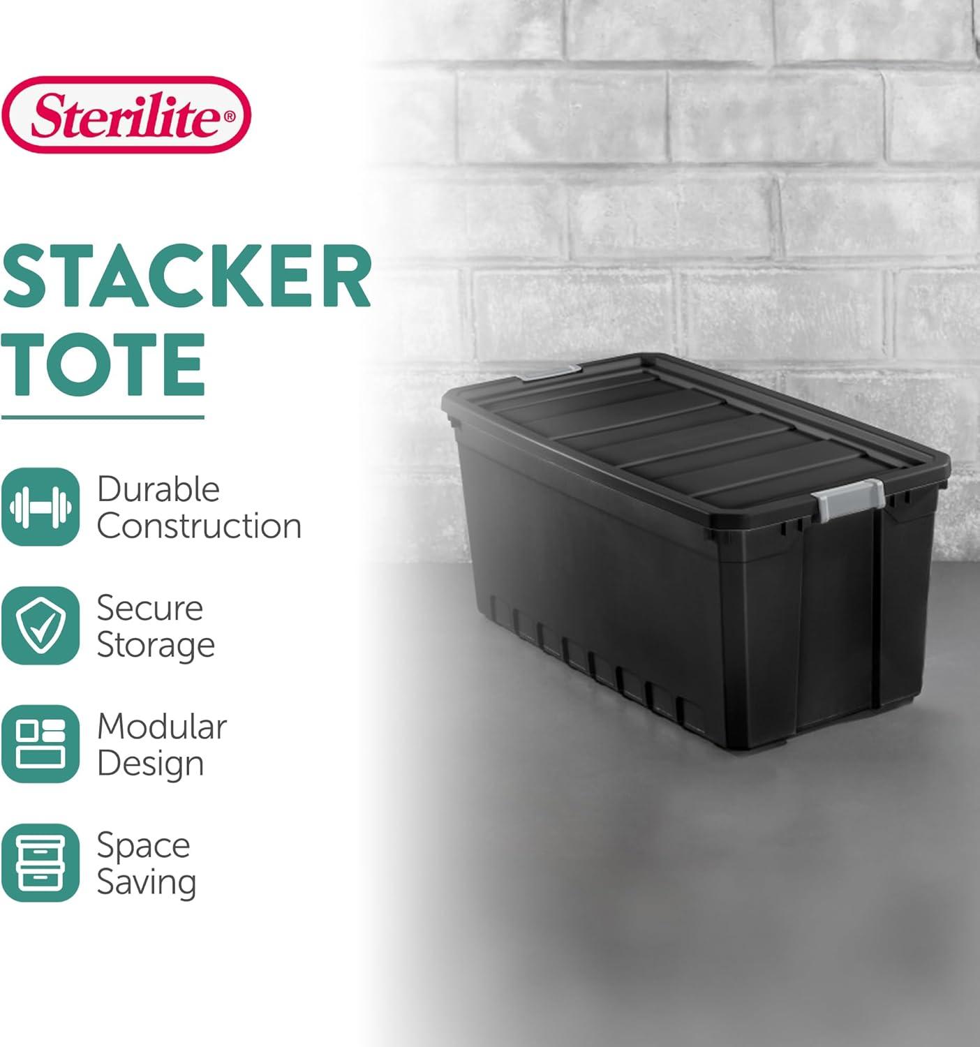 imageSterilite 6Pack 19 Gallon Stacker Tote Rugged Plastic Storage for Home Organization Black Stackable Organizer Bins with Recessed Lid amp HeavyDuty Latches for Closet Basement Garage and Attic50 Gallon