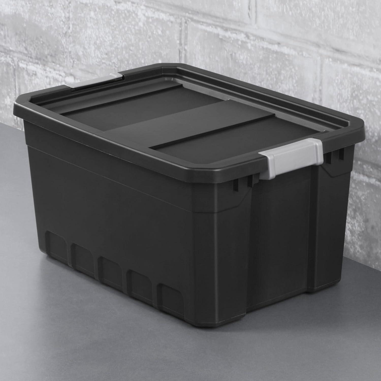imageSterilite 6Pack 19 Gallon Stacker Tote Rugged Plastic Storage for Home Organization Black Stackable Organizer Bins with Recessed Lid amp HeavyDuty Latches for Closet Basement Garage and Attic19 Gallon