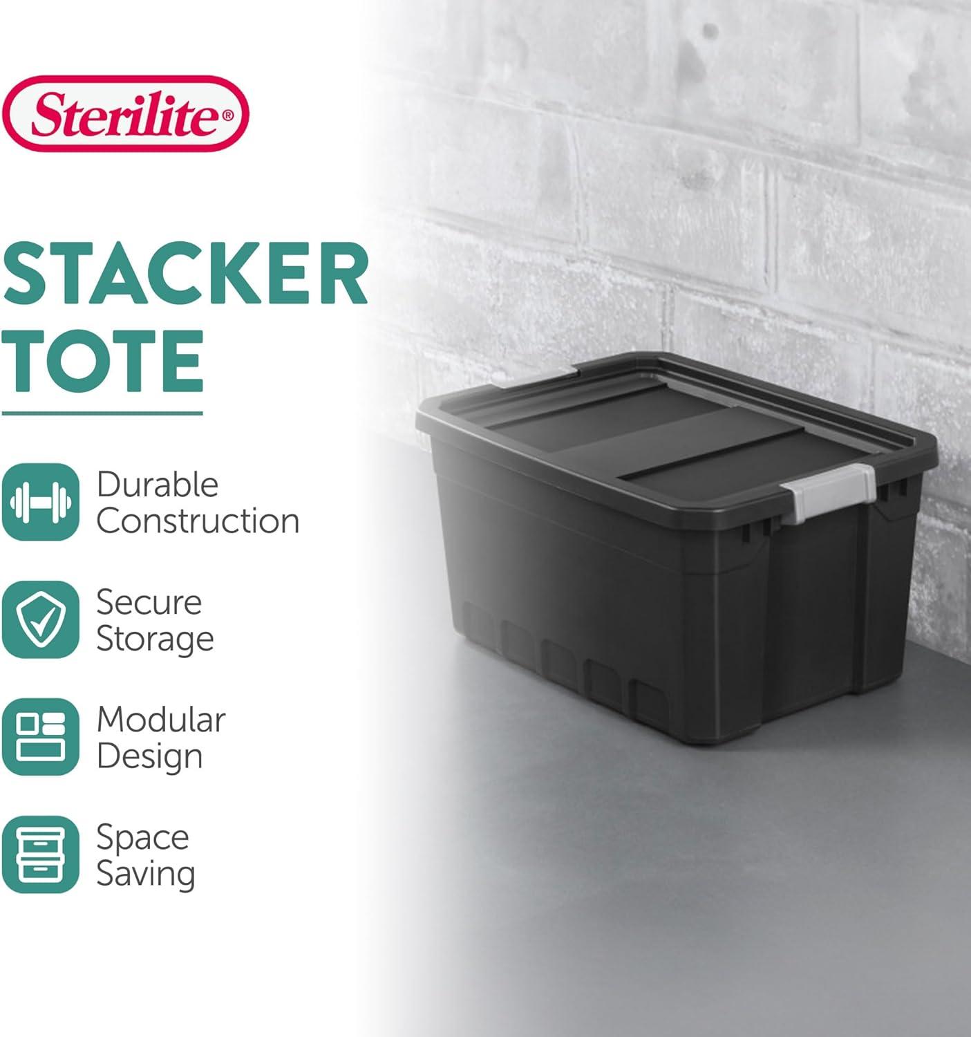 imageSterilite 6Pack 19 Gallon Stacker Tote Rugged Plastic Storage for Home Organization Black Stackable Organizer Bins with Recessed Lid amp HeavyDuty Latches for Closet Basement Garage and Attic24 Pack