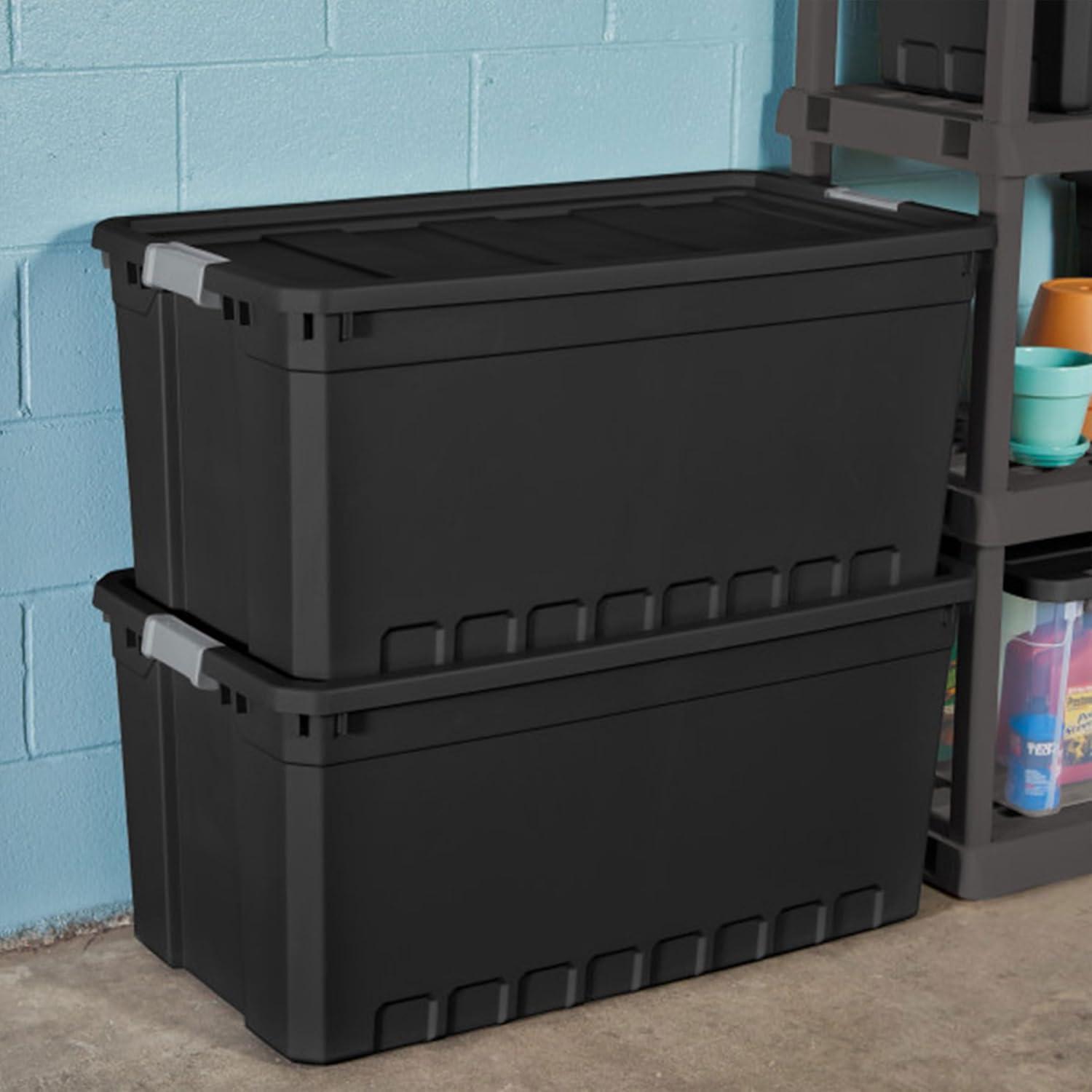 imageSterilite 6Pack 19 Gallon Stacker Tote Rugged Plastic Storage for Home Organization Black Stackable Organizer Bins with Recessed Lid amp HeavyDuty Latches for Closet Basement Garage and Attic50 Gallon