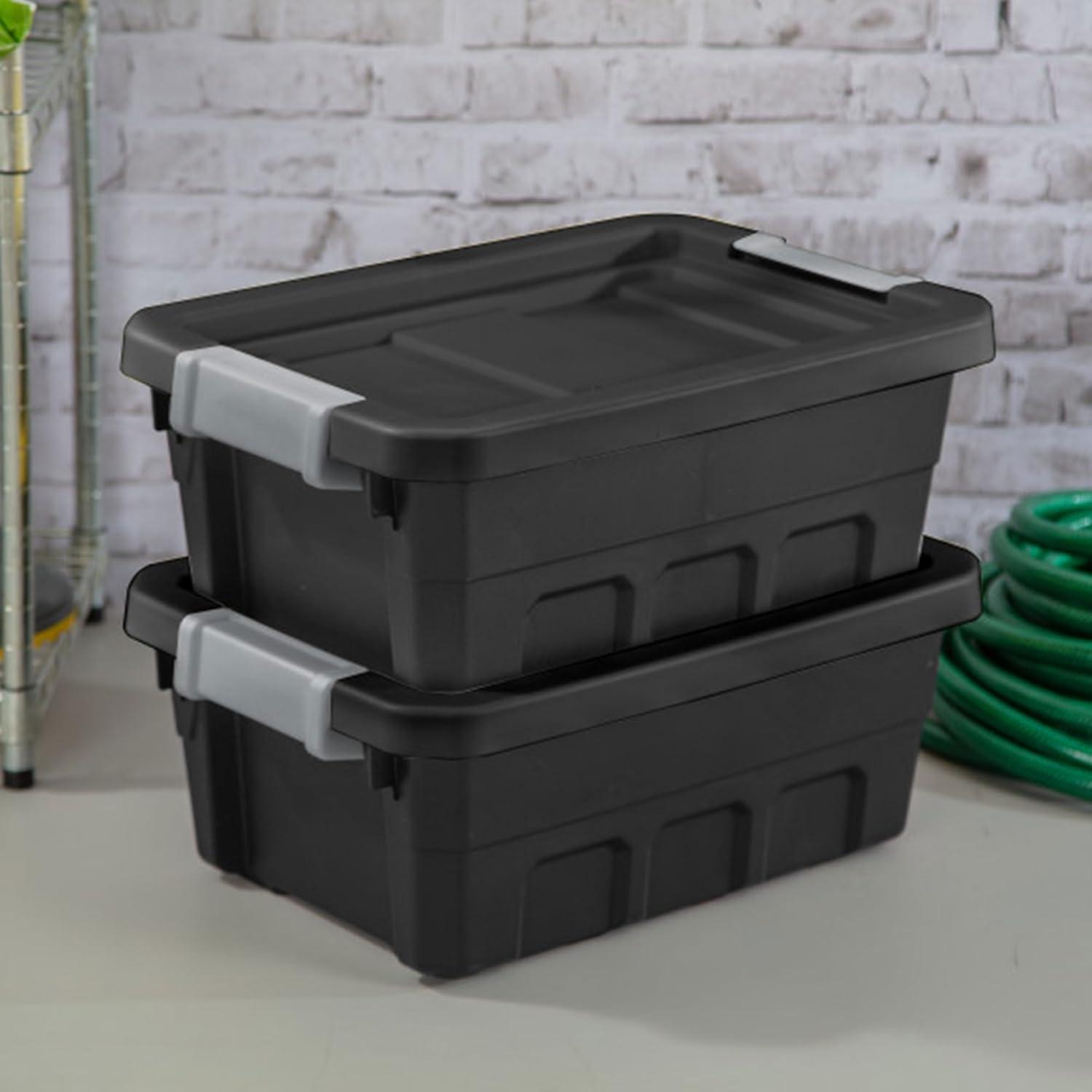 imageSterilite 6Pack 19 Gallon Stacker Tote Rugged Plastic Storage for Home Organization Black Stackable Organizer Bins with Recessed Lid amp HeavyDuty Latches for Closet Basement Garage and Attic24 Pack