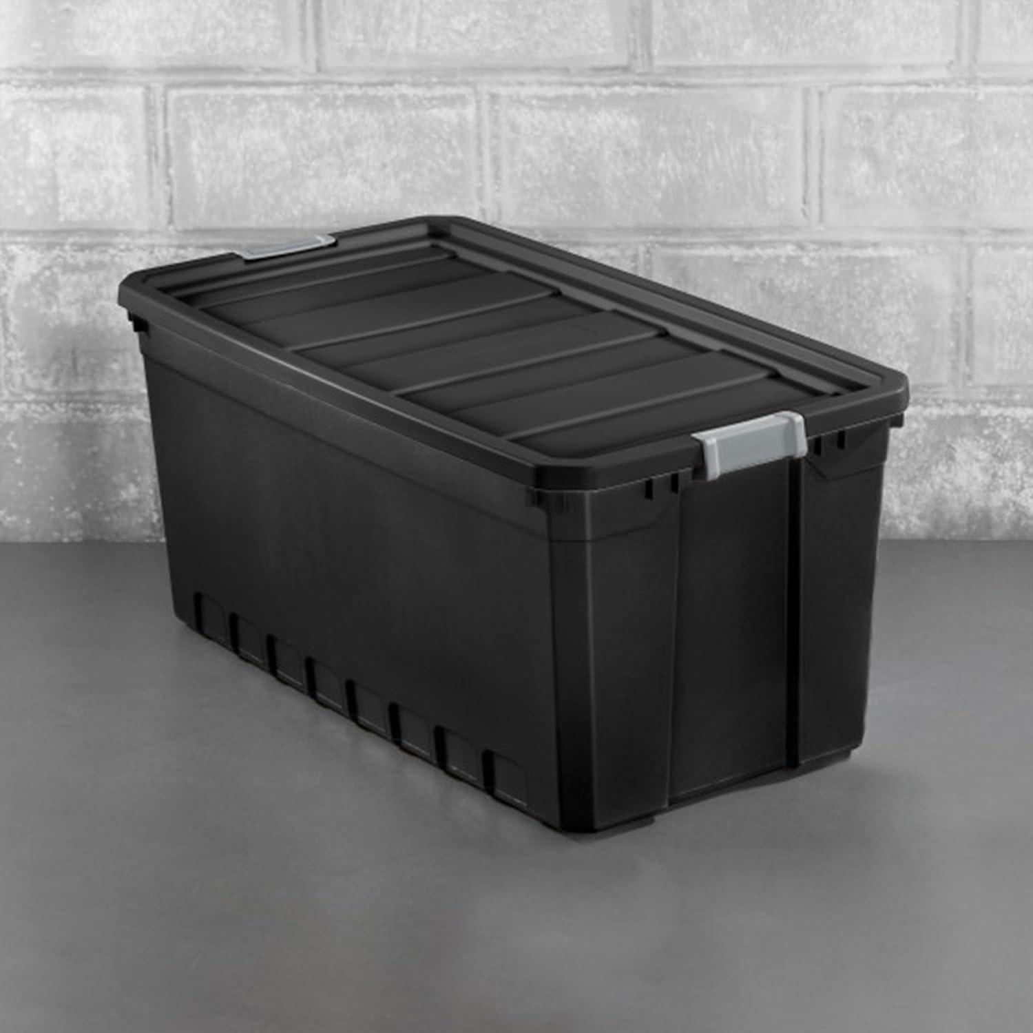 imageSterilite 6Pack 19 Gallon Stacker Tote Rugged Plastic Storage for Home Organization Black Stackable Organizer Bins with Recessed Lid amp HeavyDuty Latches for Closet Basement Garage and Attic50 Gallon