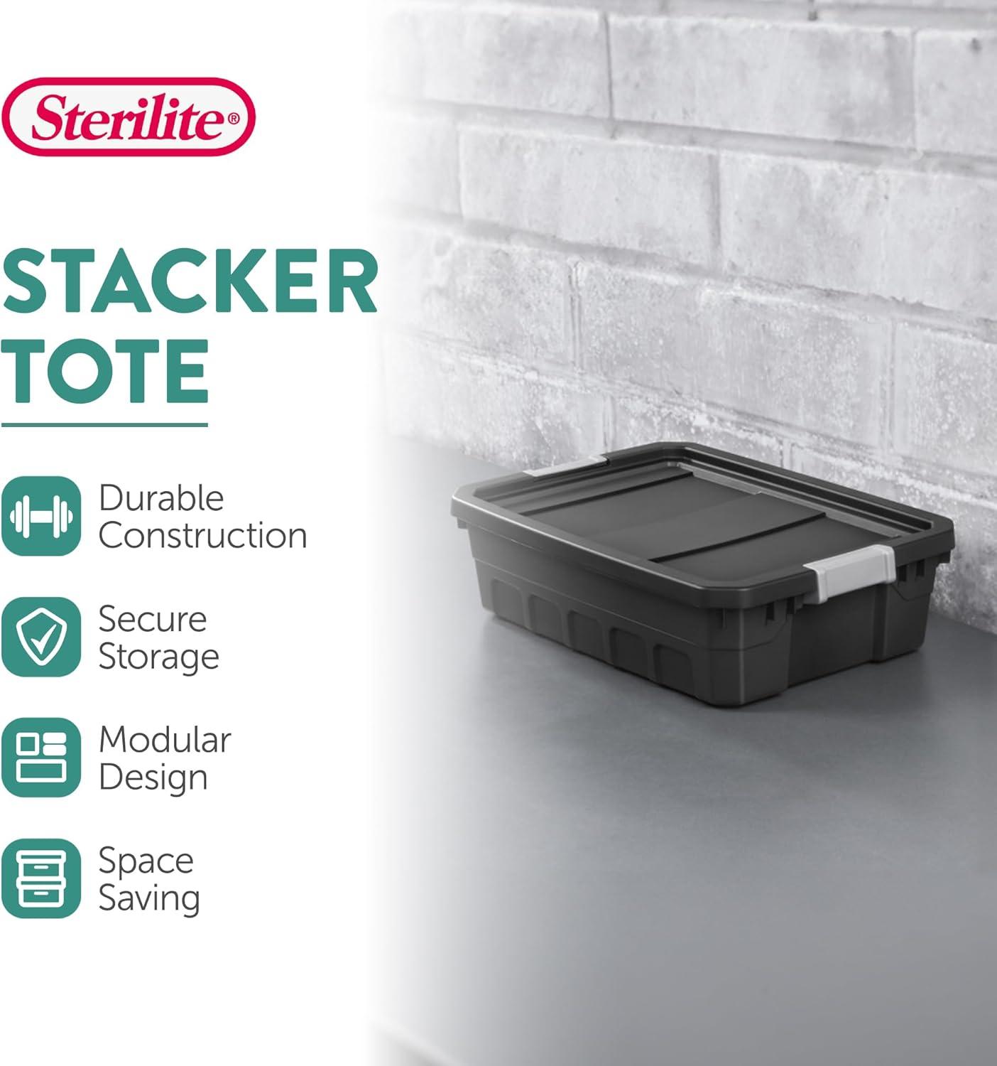 imageSterilite 6Pack 19 Gallon Stacker Tote Rugged Plastic Storage for Home Organization Black Stackable Organizer Bins with Recessed Lid amp HeavyDuty Latches for Closet Basement Garage and Attic10 Gallon