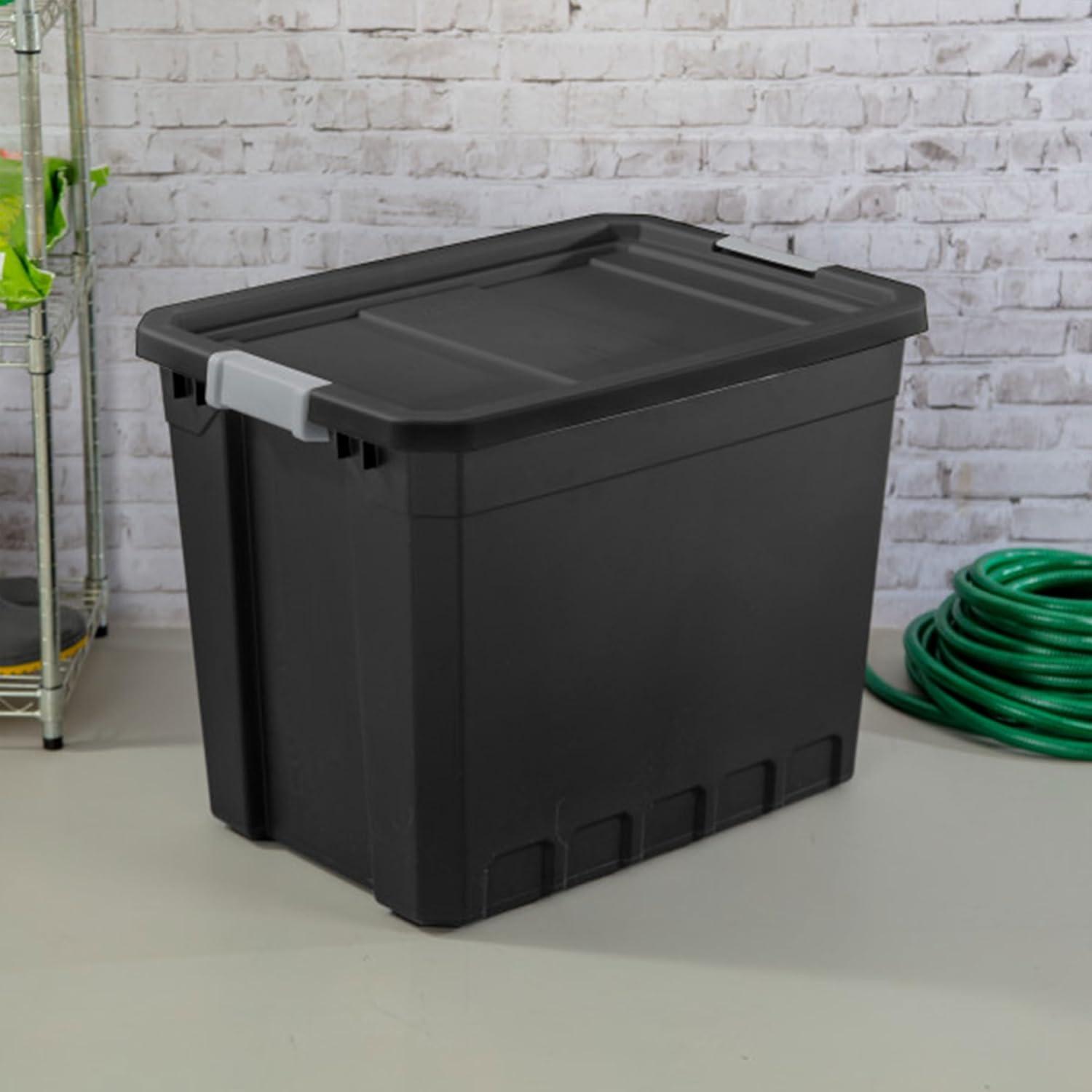 imageSterilite 6Pack 19 Gallon Stacker Tote Rugged Plastic Storage for Home Organization Black Stackable Organizer Bins with Recessed Lid amp HeavyDuty Latches for Closet Basement Garage and Attic27 Gallon