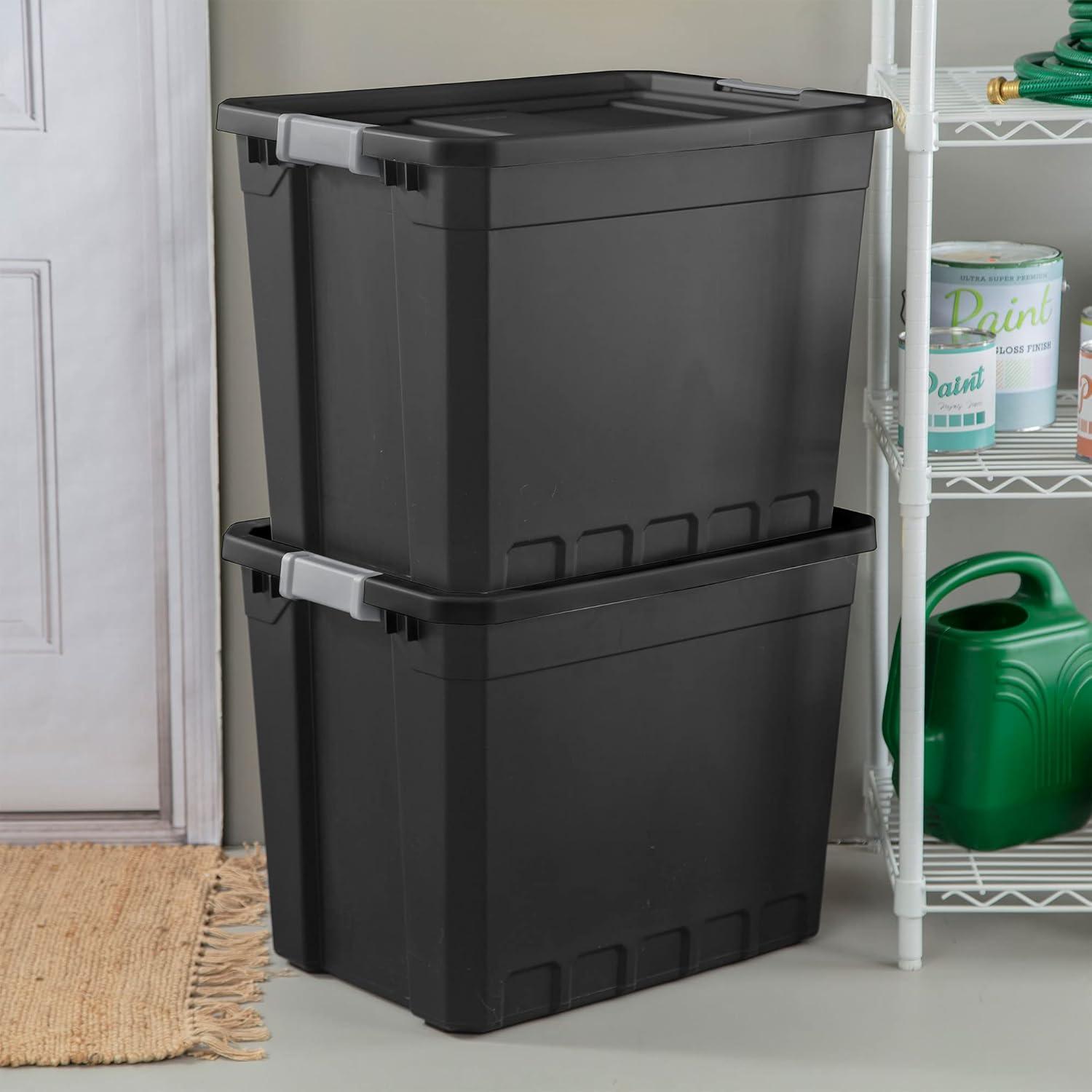 imageSterilite 6Pack 19 Gallon Stacker Tote Rugged Plastic Storage for Home Organization Black Stackable Organizer Bins with Recessed Lid amp HeavyDuty Latches for Closet Basement Garage and Attic27 Gallon