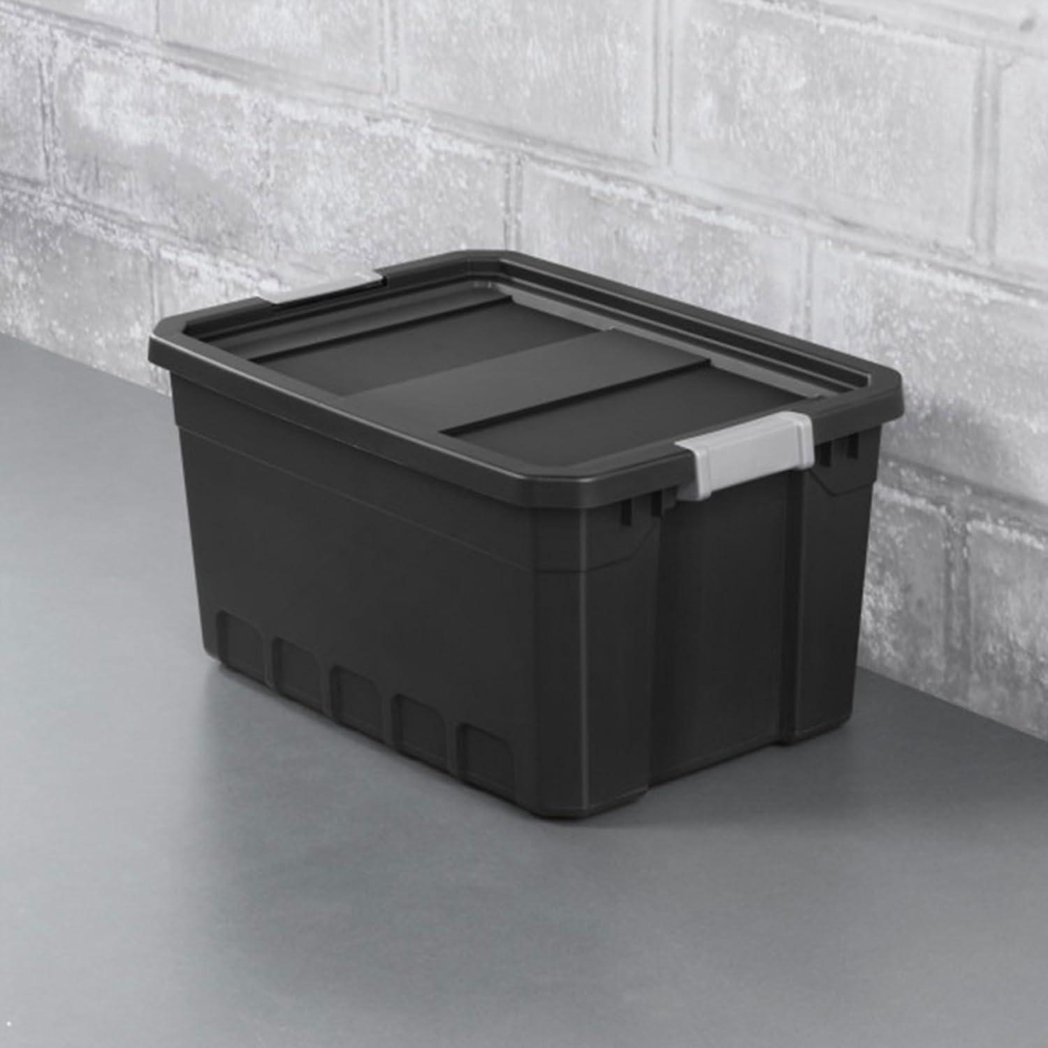 imageSterilite 6Pack 19 Gallon Stacker Tote Rugged Plastic Storage for Home Organization Black Stackable Organizer Bins with Recessed Lid amp HeavyDuty Latches for Closet Basement Garage and Attic19 Gallon