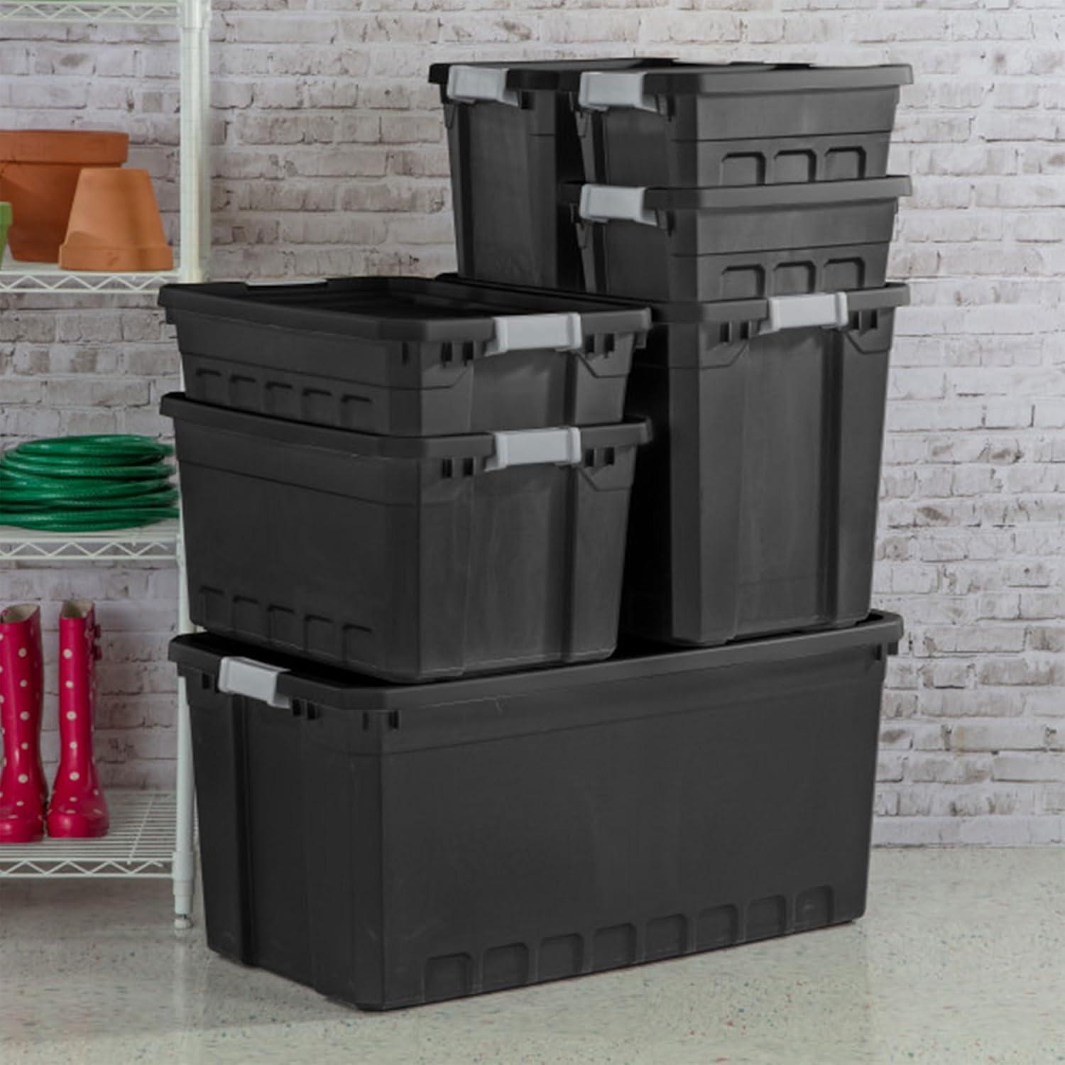 imageSterilite 6Pack 19 Gallon Stacker Tote Rugged Plastic Storage for Home Organization Black Stackable Organizer Bins with Recessed Lid amp HeavyDuty Latches for Closet Basement Garage and Attic50 Gallon