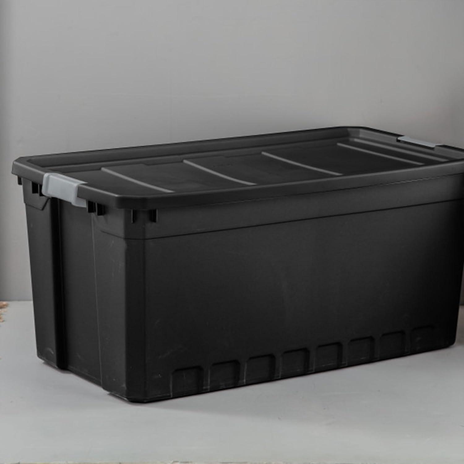 imageSterilite 6Pack 19 Gallon Stacker Tote Rugged Plastic Storage for Home Organization Black Stackable Organizer Bins with Recessed Lid amp HeavyDuty Latches for Closet Basement Garage and Attic50 Gallon