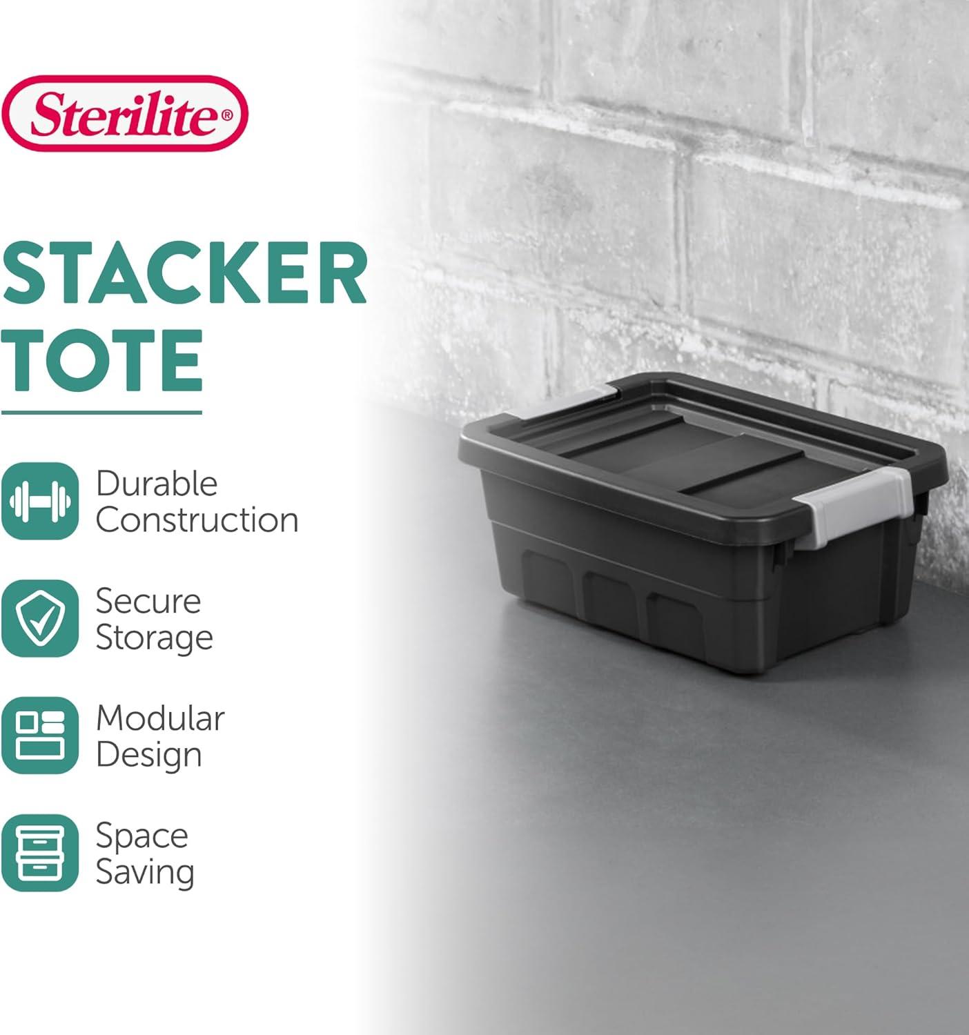 imageSterilite 6Pack 19 Gallon Stacker Tote Rugged Plastic Storage for Home Organization Black Stackable Organizer Bins with Recessed Lid amp HeavyDuty Latches for Closet Basement Garage and Attic24 Pack